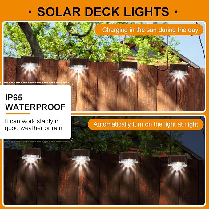 Geelin 32 Pcs Solar Deck Lights Outdoor, Waterproof LED Solar Step Fence Lights for Stairs, Step, Railing, Patio, Driveway, Garden, Pathway and Yard(Brown Shell Cool White Light)