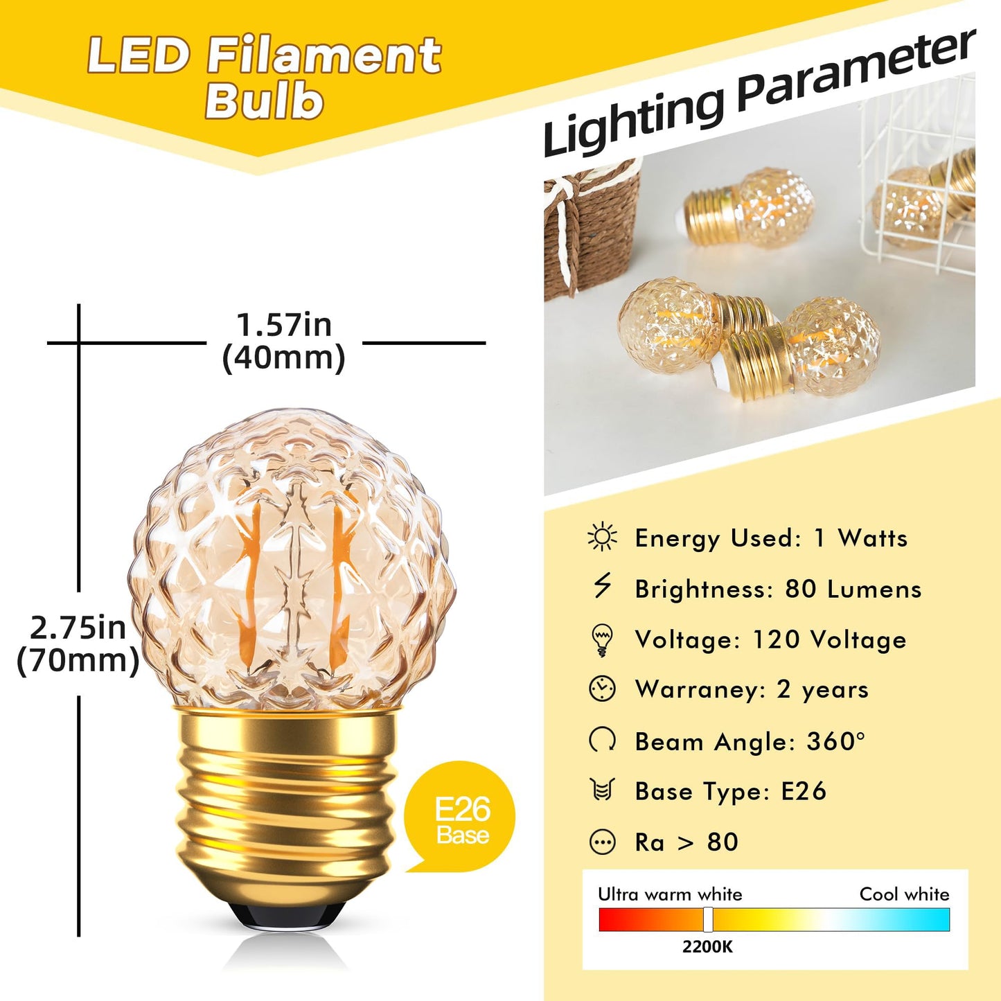 Grensk E26 Low Wattage LED Light Bulbs,1Watt Small Edison Bulbs Equivalent to 10W Amber Light Bulbs,2200K Warm White,80Lumens,15pcs.