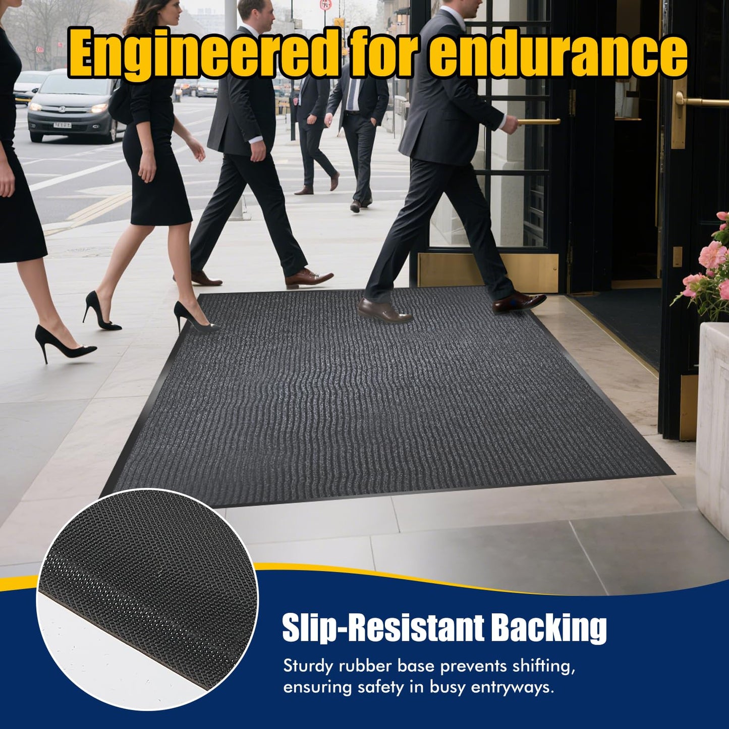 Extra Large Indoor/Outdoor Entrance Mat - 4 x 15 Feet, Rubber Border Door Mat Heavy Duty, Waterproof, Low-Profile, Easy to Clean, Rubber Entry Mat,Commercial Floor Mat, Charcoal Grey