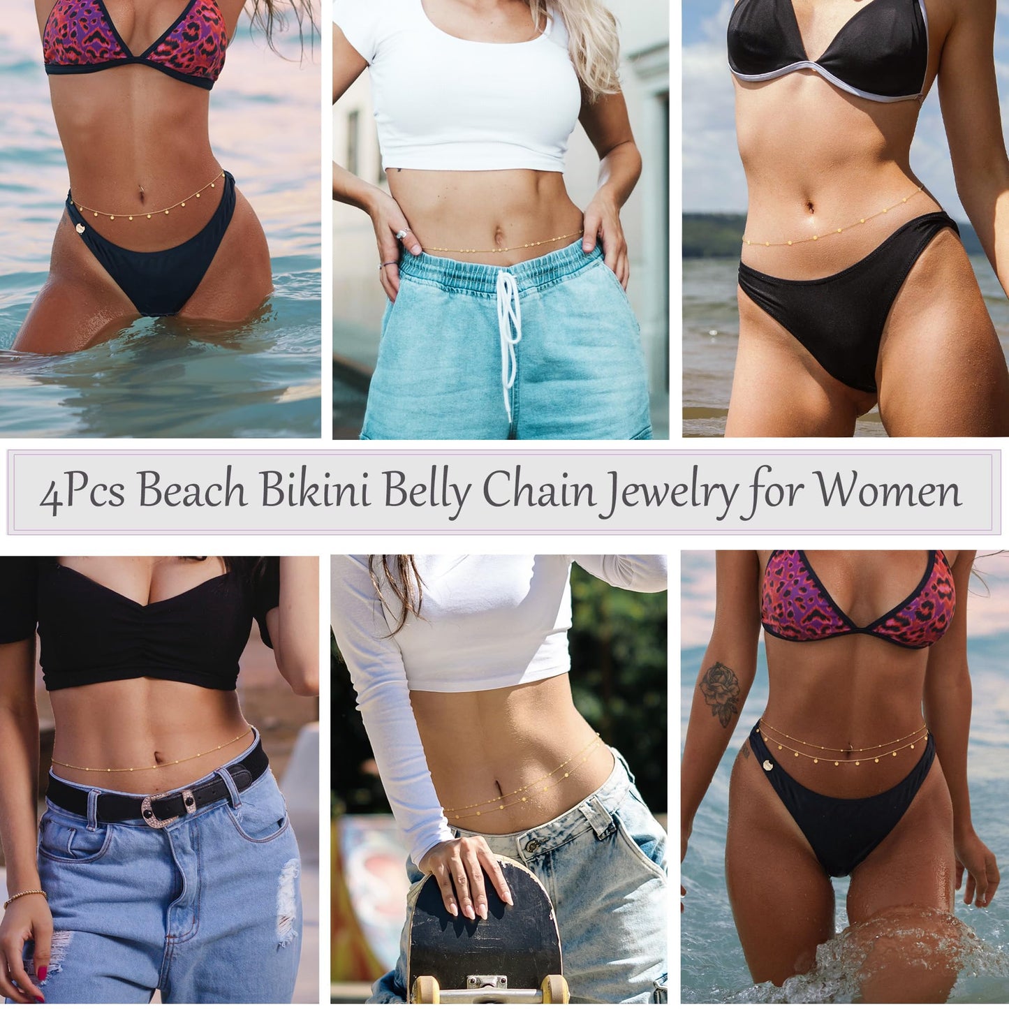 Jovivi 4 Pcs 18K Gold Plated Body Chains for Women,Adjustable Belly Chains for Waist,Multilayer Summer Beach Bikini Waist Beads Body Chains Jewelry for Women