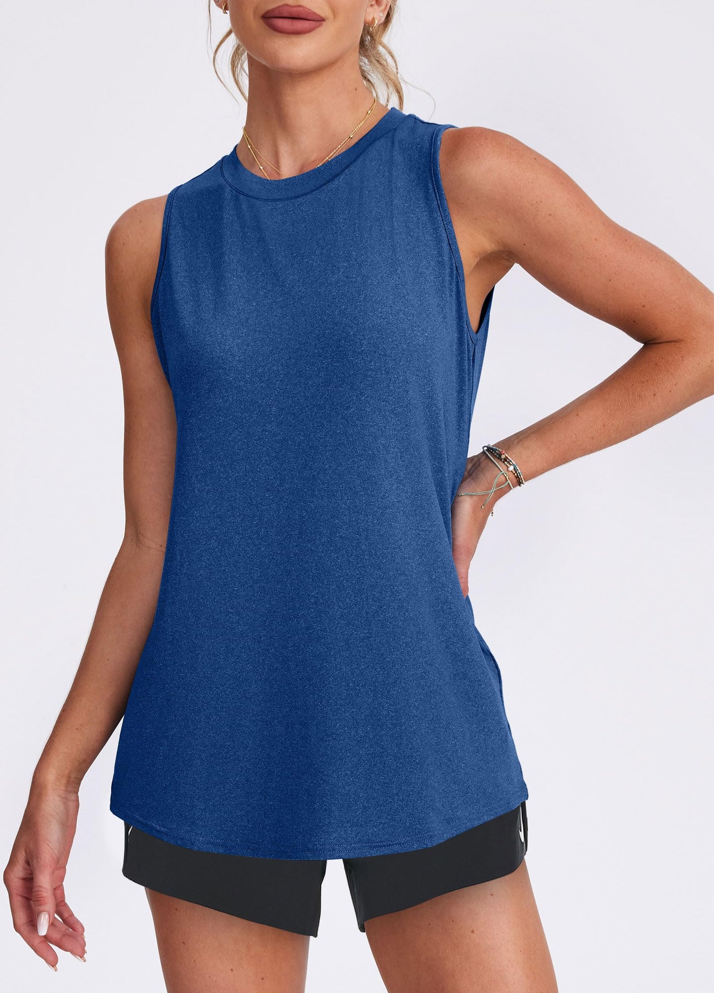 XIEERDUO Tank Top for Women 2025 Loose Fit Workout Tops High Neck Athletic Running Shirts Blue Forest L