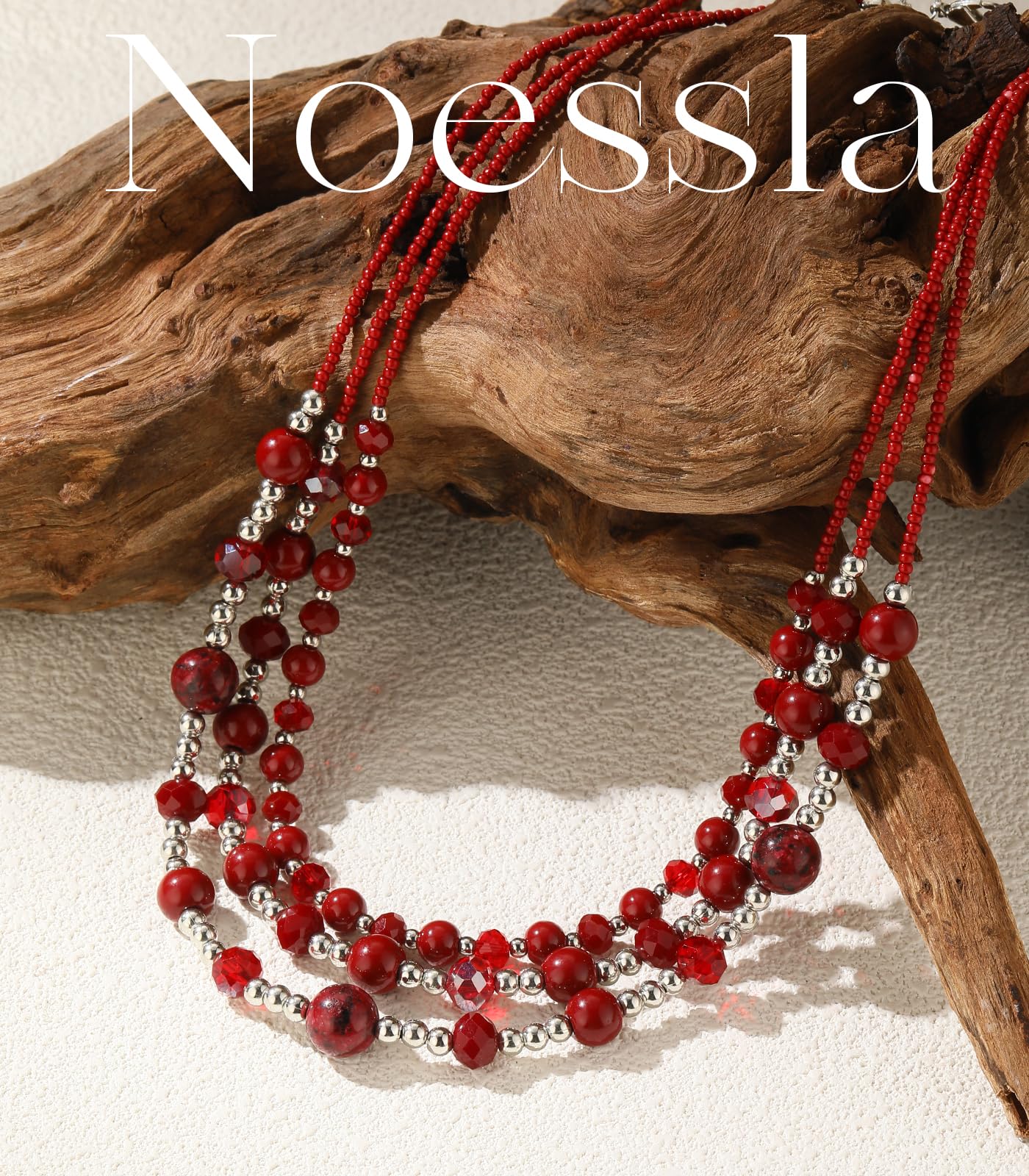 Noessla Beaded Statement Necklaces for Women Layered Chunky Bead Necklace Fashion Costume Jewelry Gifts for Mom(Red)