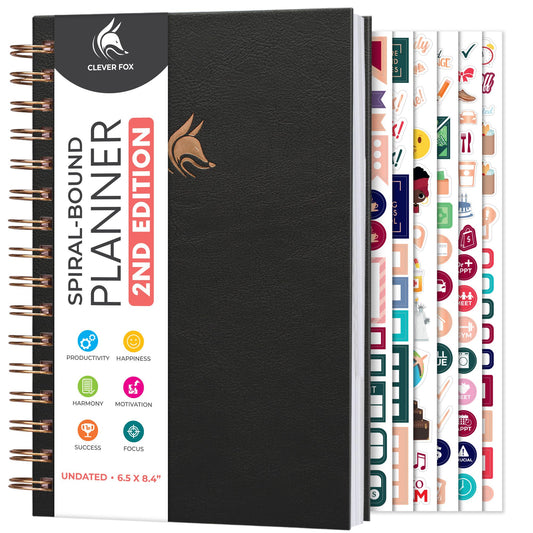 Clever Fox Planner 2nd Edition Spiral – Colorful Weekly & Monthly Goal Planner, Time Management & Productivity Organizer, Undated (Black)