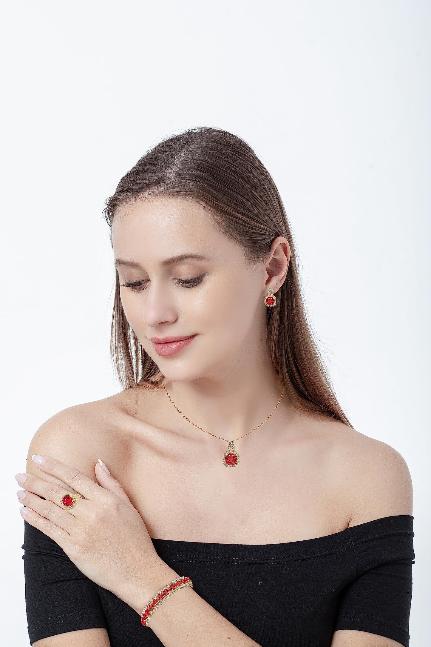 Paxuan Crystal Rhinestone Wedding Jewelry Sets Bridal Pendant Necklace Stud Earrings Link Bracelets Rings Set for Women (Gold Plated Red Cubic Zirconia)