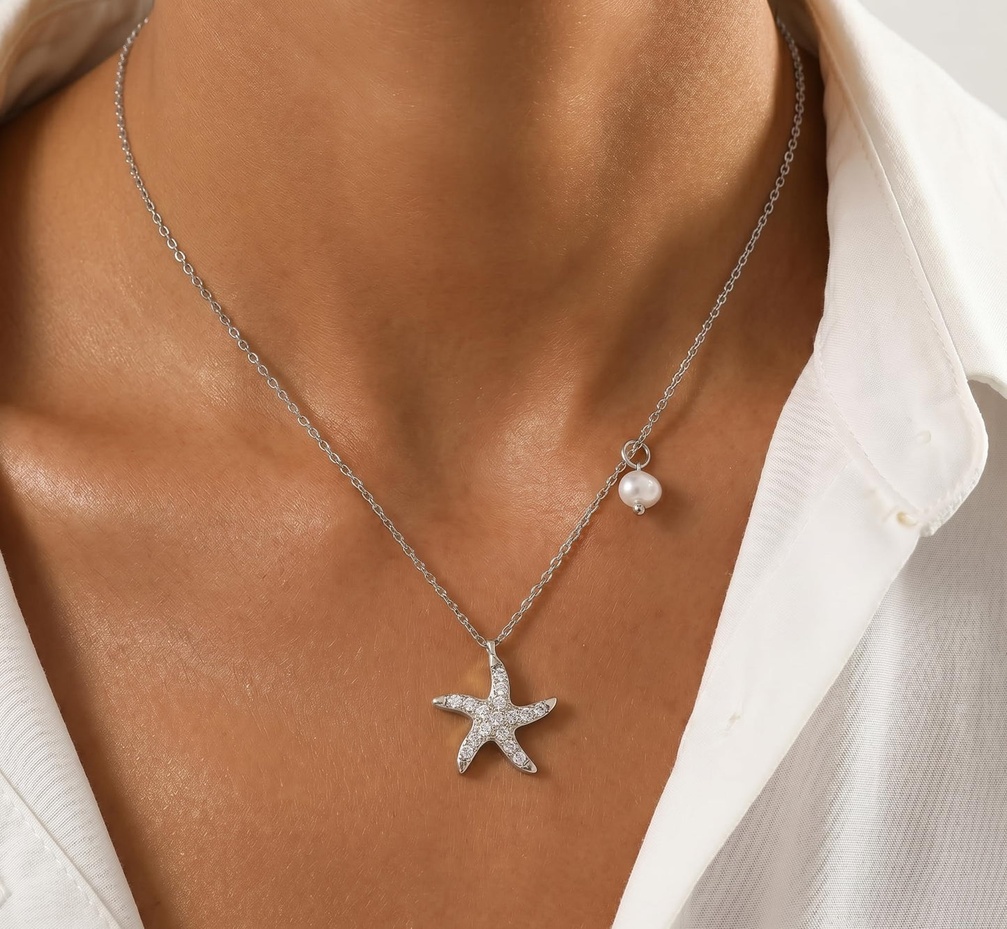 S925 Sterling Silver Starfish Necklace with Fresh Water Pearl, Sparkling Pave Zirconia Sea Star Pendant, Dainty 14K Gold Plated Asymmetric Choker, Ocean Beach Inspired Jewelry Gift for Women (Gold)