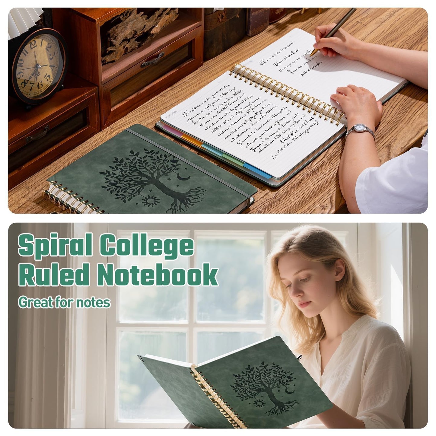 Ovesmusl Hardcover Spiral Notebook 8.5" x 11" with 5 Removable Dividers 300 Pages Leather 5 Subject Notebook College Ruled 100GSM Large Spiral Notebooks for Work Thick Lined Journal for Women, Green
