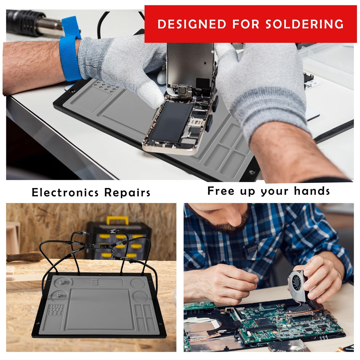 2-in-1 Helping Hands Soldering Kit, Helping Hands Soldering Station with Silicone Soldering Mat, 6 Flexible Metal Arms Third Hand Soldering Tool for Electronic Repair Soldering Assembly Jewelry Crafts