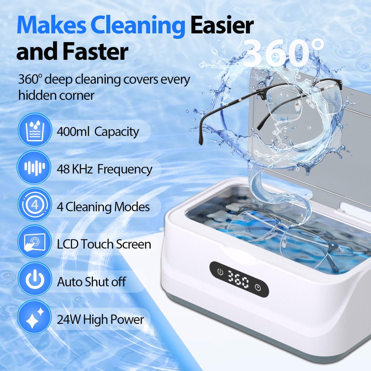Klivvio Ultrasonic Jewelry Cleaner: 48Khz Ring Cleaner Ultrasonic Machine with Digital Timer, 4 Cleaning Modes, 24W Sonic Cleaner for Jewelry, Glasses, Retainer, Watch Strap, Home & Travel Use, 13.5oz