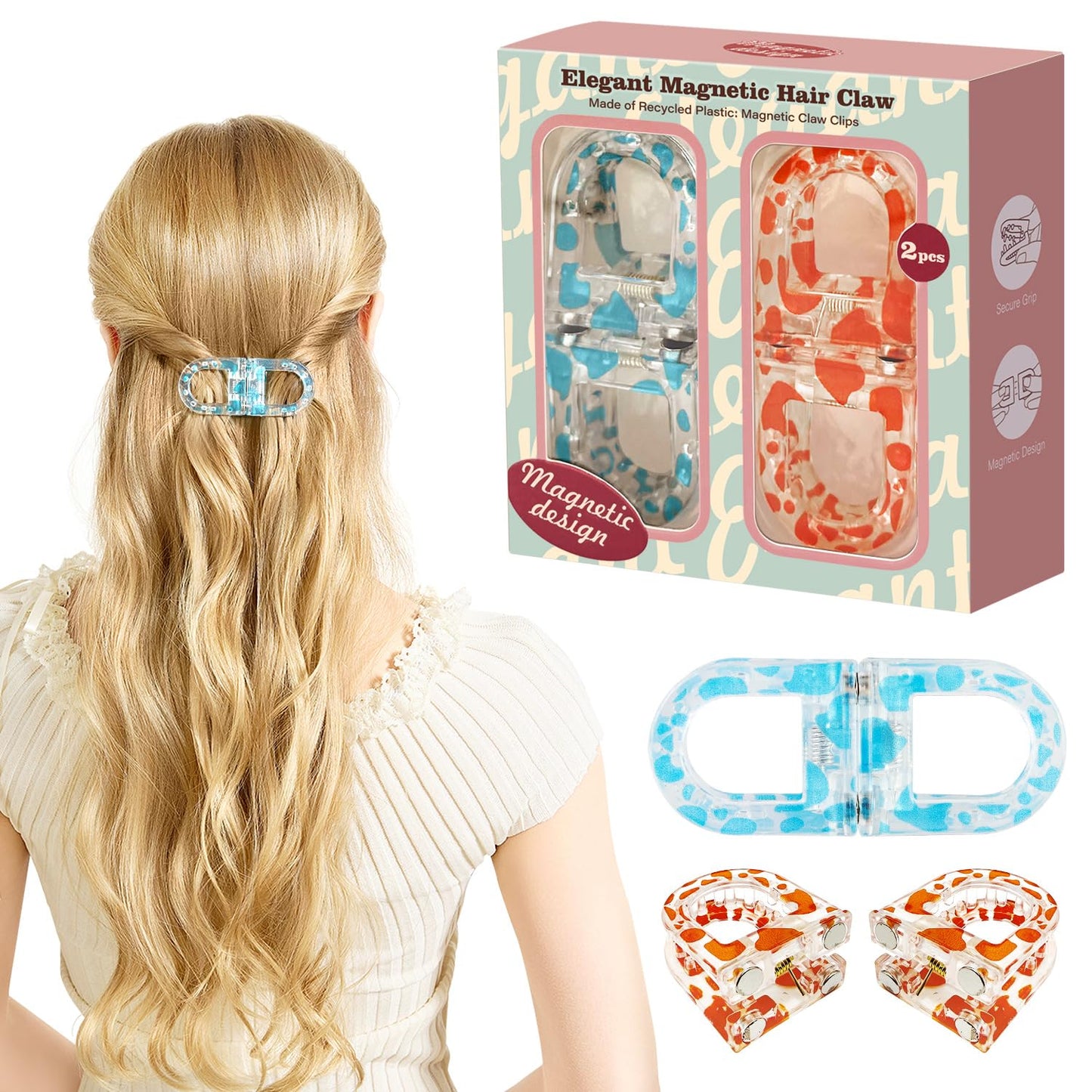 RCZETC Magnetic Hair Clips 2-Pack | Hair Clips for Styling & Thick Hair | Claw Clips & Barrettes for Women | Strong Hold Non-Slip No-Crease Hair BarrettesBlue Leo + Orange Leo）