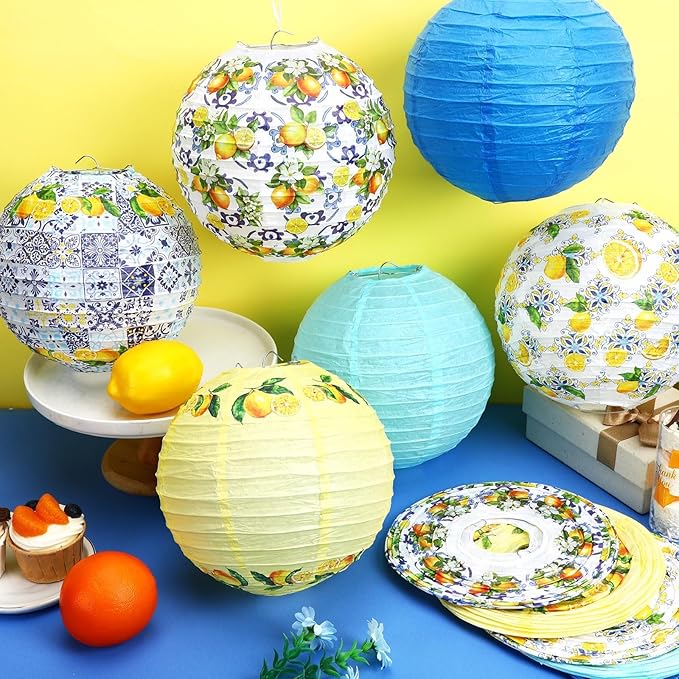 DECYOOL Capri Lemon Pattern Paper Lanterns,12 Pack Mediterranean Party Decor with White, Yellow, and Blue Designs for Indoor Outdoor Celebration