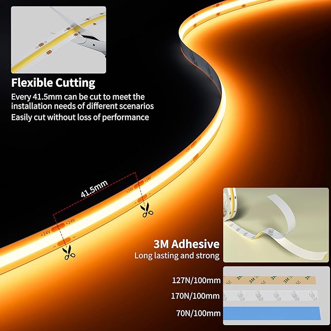 PAUTIX COB LED Strip Light 20ft/6.1m 3087LEDs Warm White 2000K CRI90+ High Lumen,DC24V Flexible LED Tape for Cabinet Home DIY Lighting Projects with 1pcs COB Connector Wire(Power Supply Not Included)