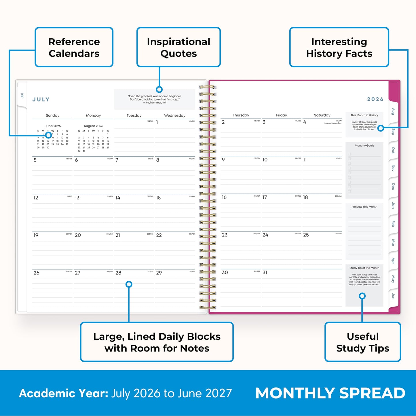 Blue Sky 2026-2027 Weekly and Monthly Academic Year Student Planner Calendar, July 2026 - June 2027, 8.5" x 11", Flexible Cover, Wirebound, Laminated Tabs, Star Confetti Bright