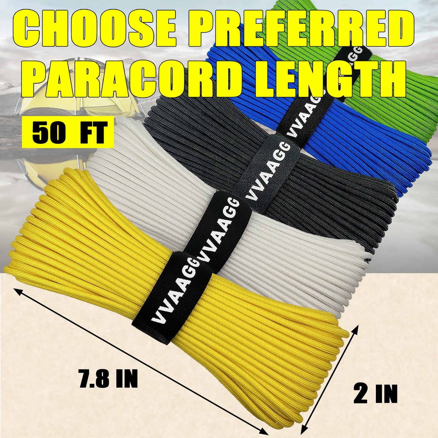 VVAAGG 1000 Paracord Rope, 50ft 12 Strand Parachute Cord for Crafting, DIY Projects, Survival Bracelets, Camping, Tent, Clothsline, Outdoor Hiking, Fishing (Yellow, 50FT)
