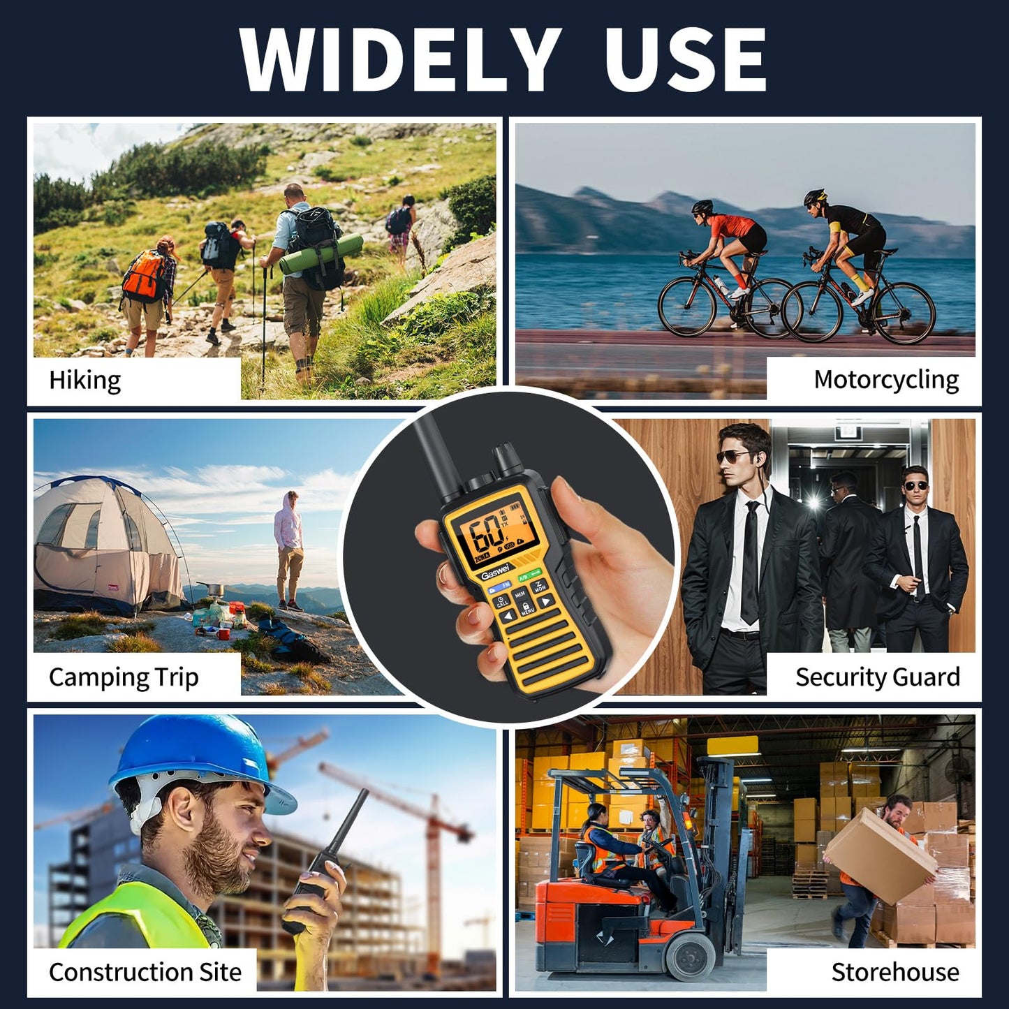 Gaswei GU1 Long Range Walkie Talkies, 2 Way Radio Walkie Talkie with Flashlingts, 60 Channels & 121 Privacy Codes, NOAA Weather Alert, VOX, FM Radio, SOS for Job Site, Hiking, Camping (Yellow)