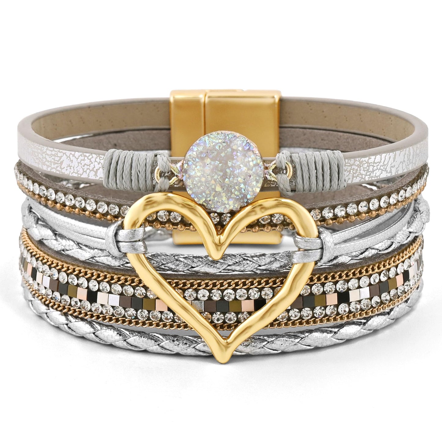 VIBILIA Boho Leather Wrap Bracelets for Women Heart Multi-Layer Bracelets with Strong Clasp Jewelry for Women-GoldSilver
