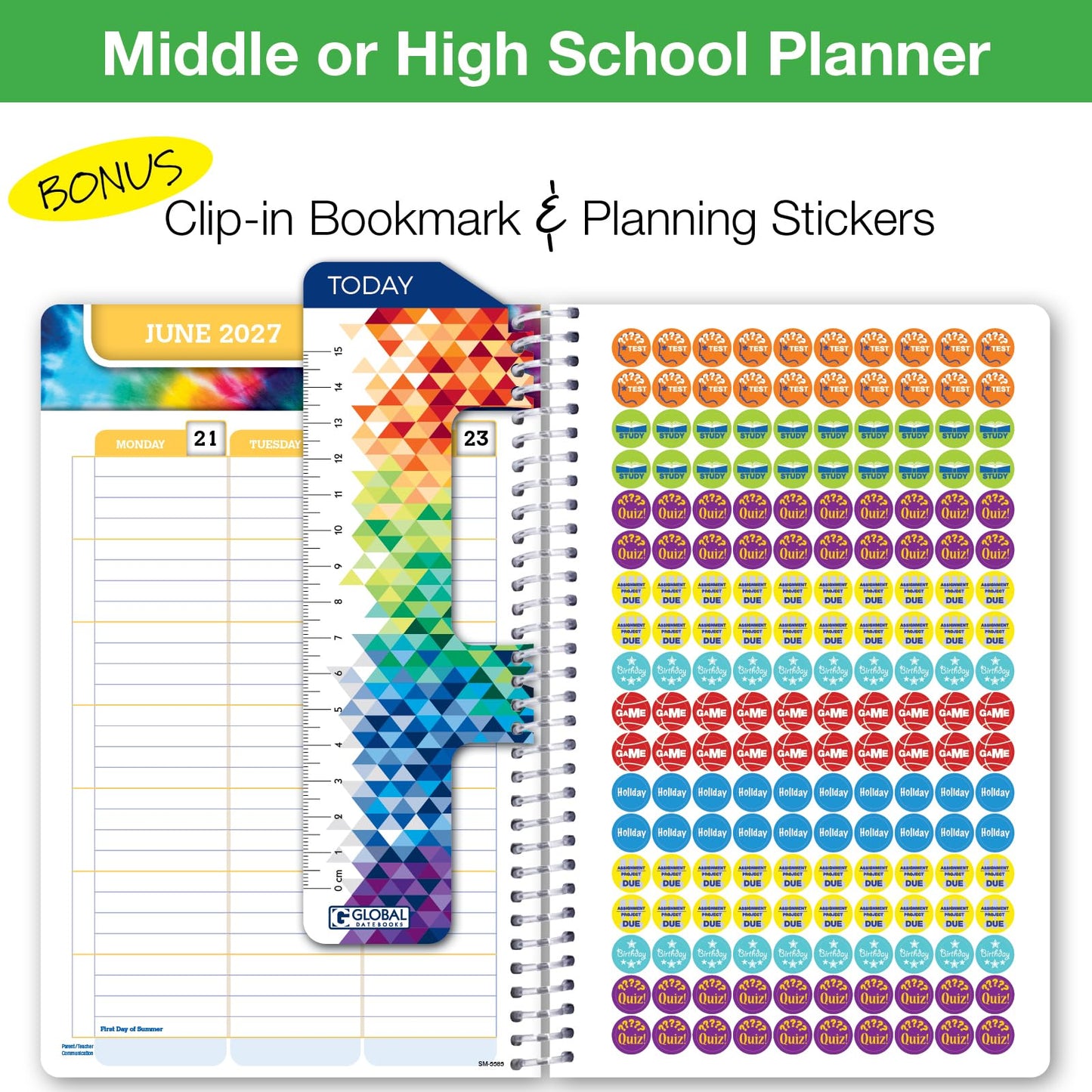 Global Datebooks 2026-2027 Middle & High School Student Planner 5.5" x 8.5" - Dated Weekly & Monthly Academic Planner w/Ruler/Bookmark & Stickers, For Homework, Matrix Style, Black Doodles