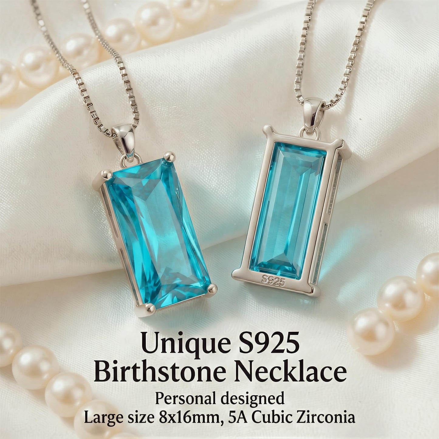 Kuschelkatze 8mm x 16mm Square March Birthstone Aquamarine Pendant Necklace – Fashion charming Sterling Silver Gift for women