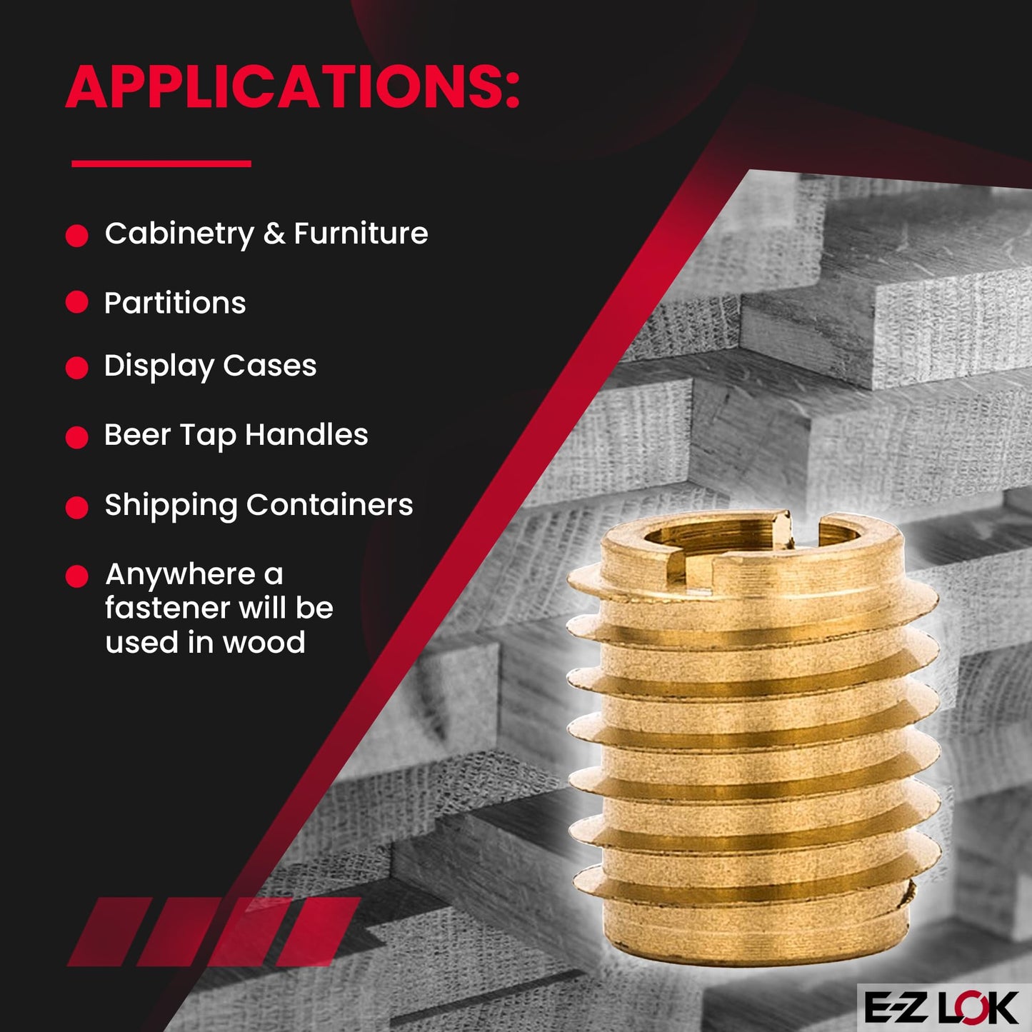 E-Z LOK Knife Threaded Insert for Hard-Wood, Brass Thread Inserts 10-32 Internal Threads, 0.500" Length Pack of 25