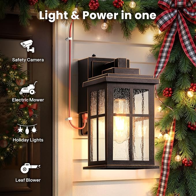 Gleamz Outdoor Porch Light with GFCI Outlet, Oil Rubbed Bronze Gold Trim Farmhouse Exterior Lighting Fixtures with Outlet for House, Waterproof Outdoor Wall Sconce, Anti-Rust Aluminum Outside Light