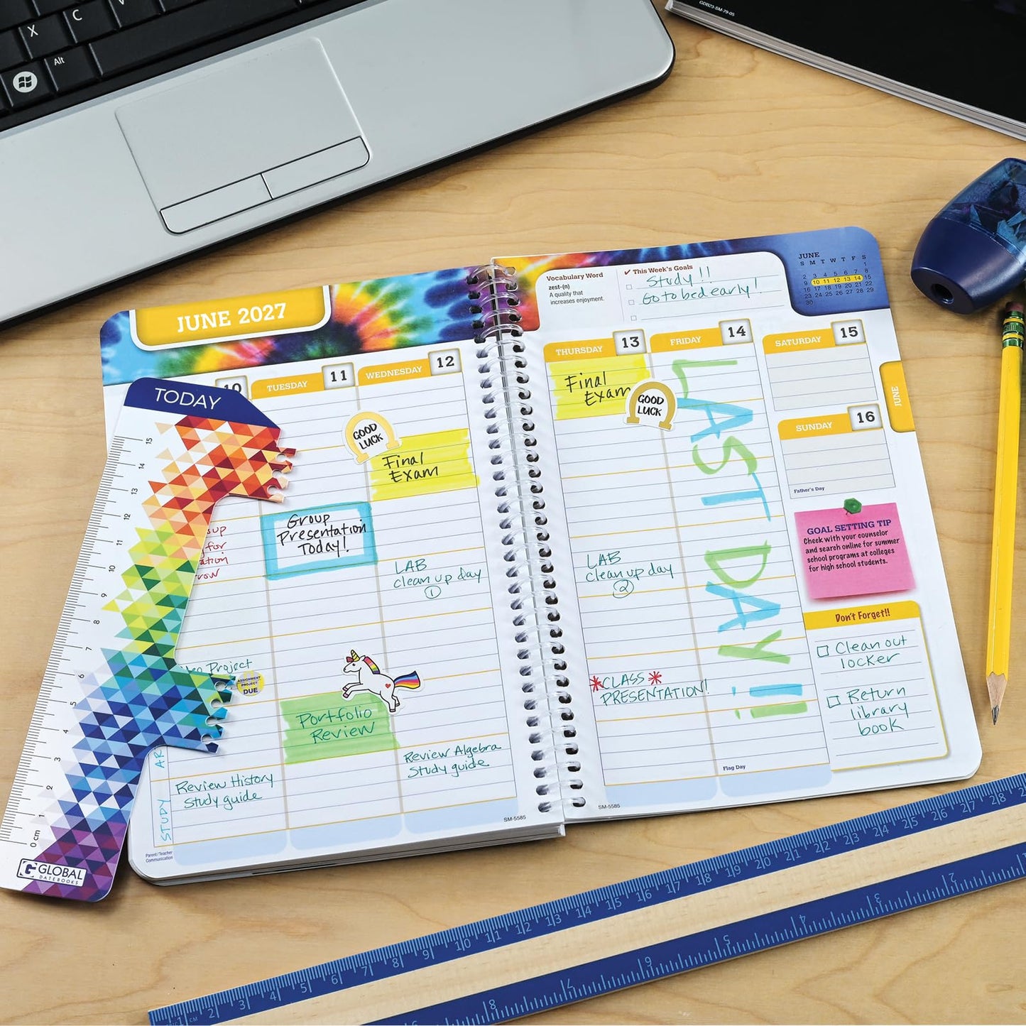 Global Datebooks 2026-2027 Middle & High School Student Planner 5.5" x 8.5" - Dated Weekly & Monthly Academic Planner w/Ruler/Bookmark & Stickers, For Homework, Matrix Style, Black Doodles