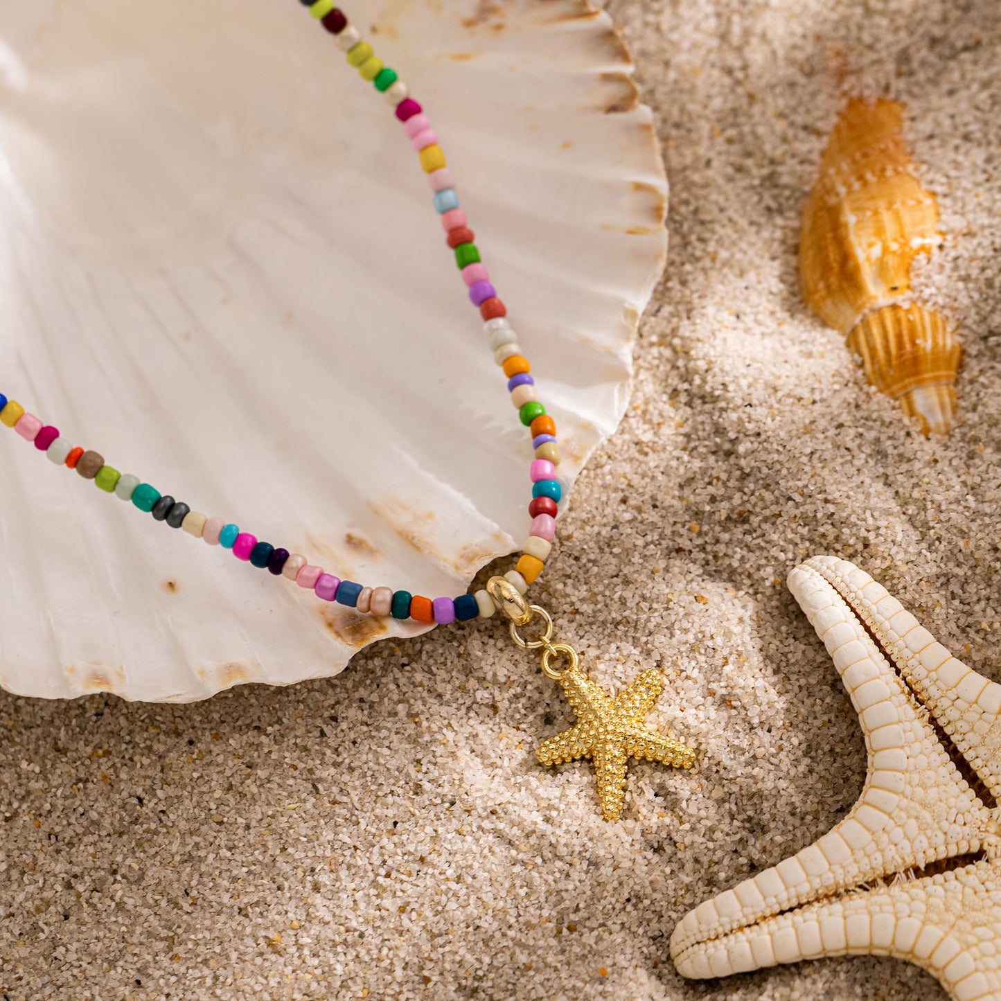 Plenky Gold Necklace for Women-Colorful Beaded Necklaces 14K Gold Plated Bohemian Choker Spotted Starfish Beachy Jewelry for Women Gifts