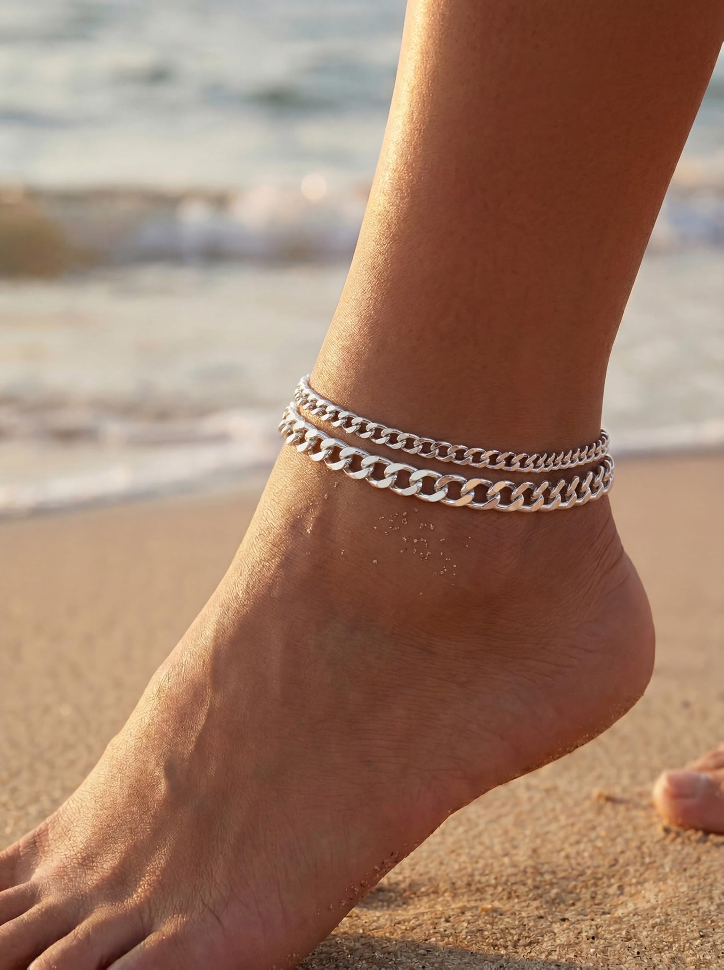Tewiky Waterproof Ankle Bracelets for Women,Chunky Layered Silver Anklet for Women Non Tarnish Adjustable Cuban Set Stackable Summer Beach Jewelry Gift