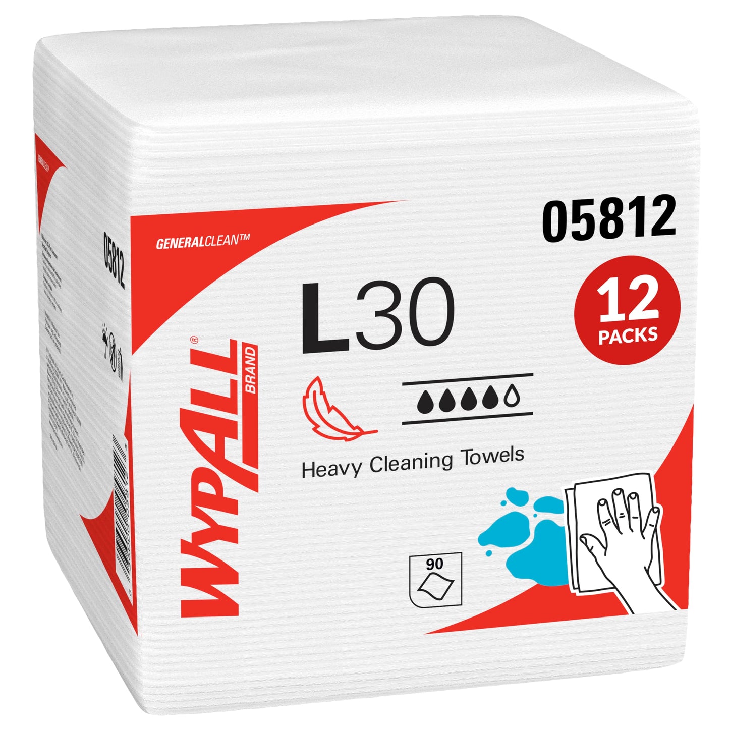 WypAll GeneralClean L30 Cloths Heavy Duty Cleaning Wipes (05812), Quarterfold, Strong and Soft Bulk Paper Wipers, White (12 Packs of 90 Sheets, 1,080 Sheet Total)