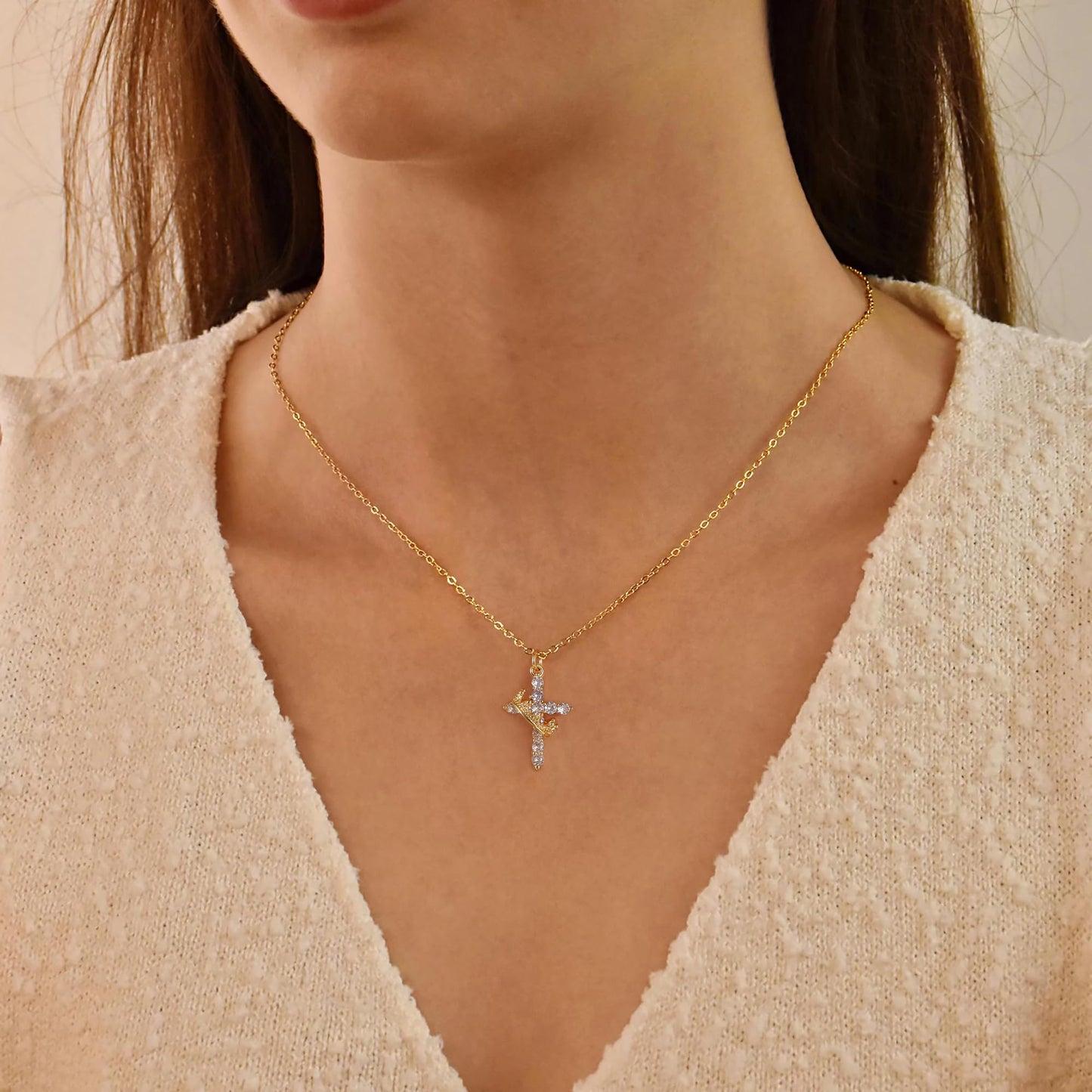 Robaice Birthstone Crown Cross Necklace for Women, Gold-Plated Christian Faith Necklace, Cross Jewelry Gift for Women, February Purple Amethyst Gift