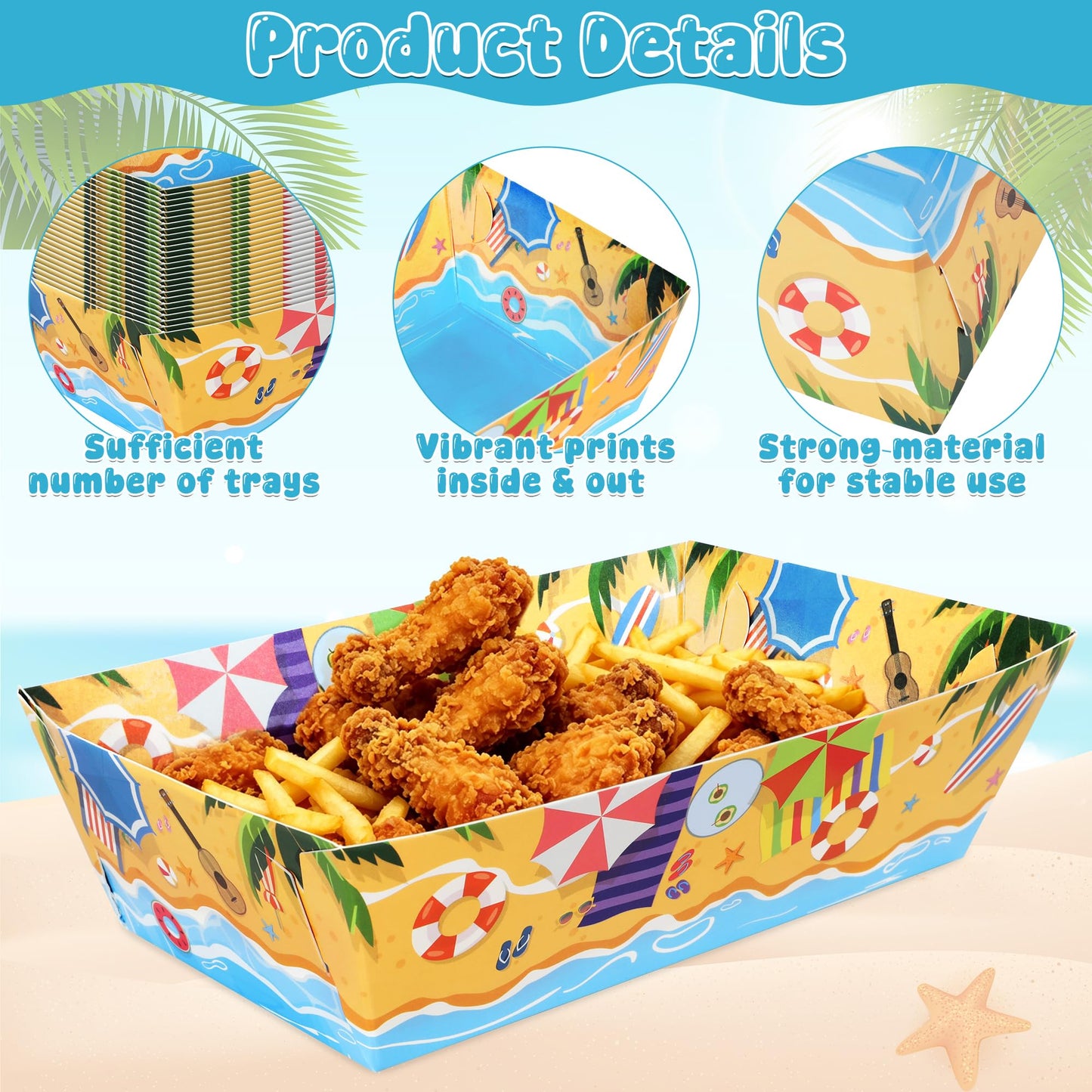 100 Pcs Pool Party Decorations, 5.94" x 3.34" x 2.16" Summer Beach Pool Party Snack Trays, Disposable Paper Food Trays with 2 Designs, Serving Plates for Tropical Hawaiian Summer Themed Decorations