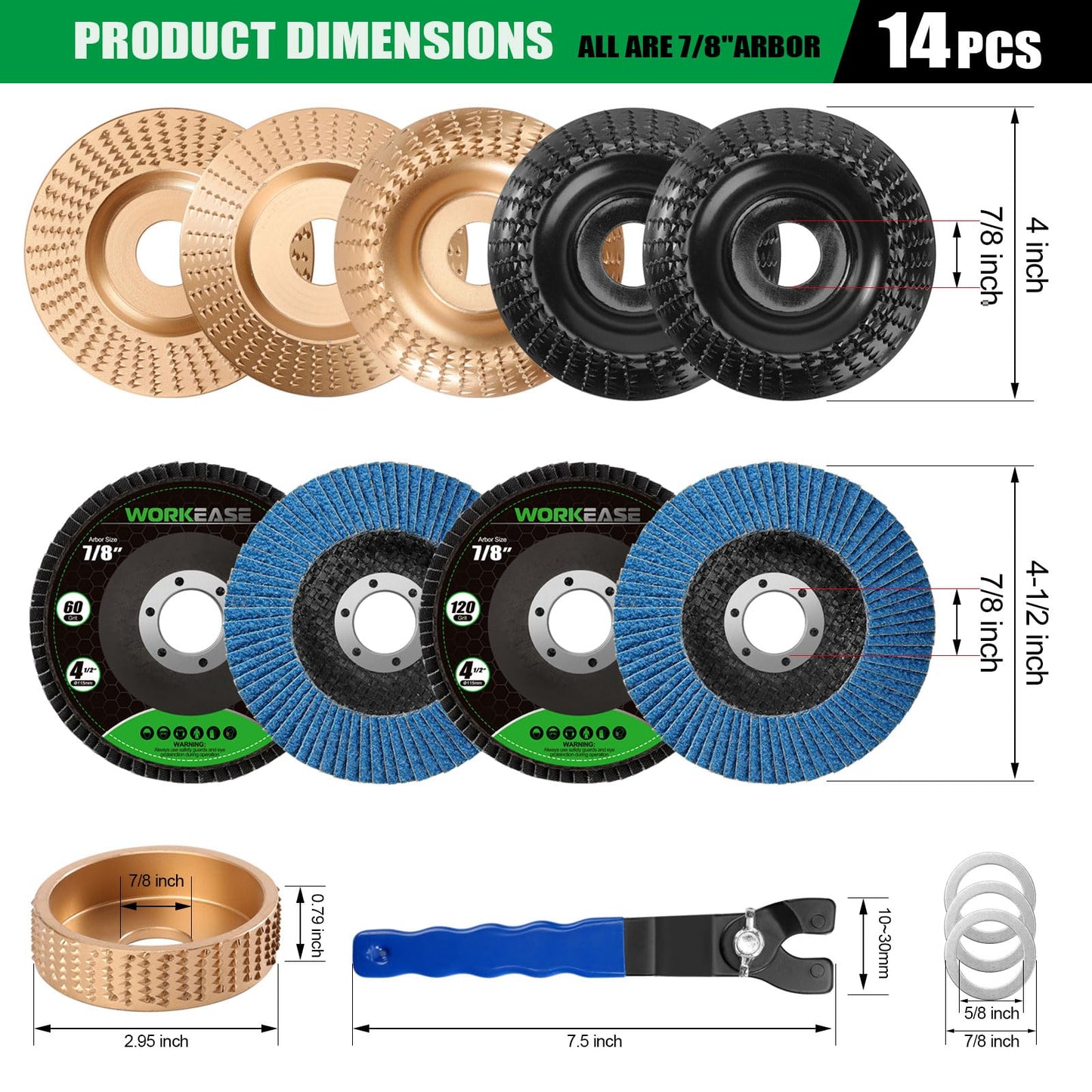 14pcs Wood Carving Disc Set for 4 in 4.5 in Angle Grinder, Woodworking Grinding Wheels Kit with 7/8"-5/8" Arbor for Quick Rough Cutting Shaping Sanding Polishing