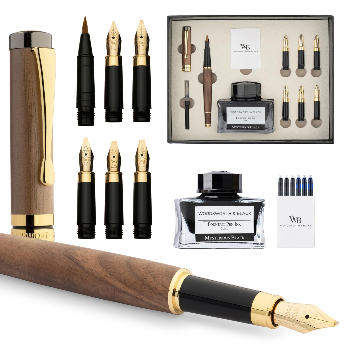 Wordsworth & Black Calligraphy Pen Gift Set, Includes Ink Bottle, 6 Ink Cartridges, Ink Refill Converter, 6 Replacement Nibs, Luxury Bamboo, Journaling, Smooth Writing Pens [Brown Wood]