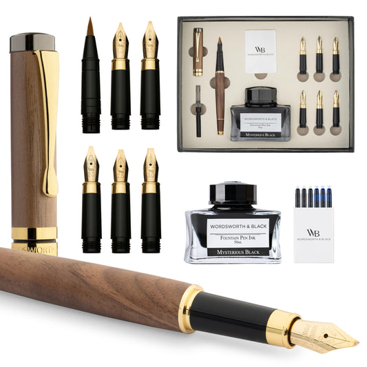 Wordsworth & Black Calligraphy Pen Gift Set, Includes Ink Bottle, 6 Ink Cartridges, Ink Refill Converter, 6 Replacement Nibs, Luxury Bamboo, Journaling, Smooth Writing Pens [Brown Wood]