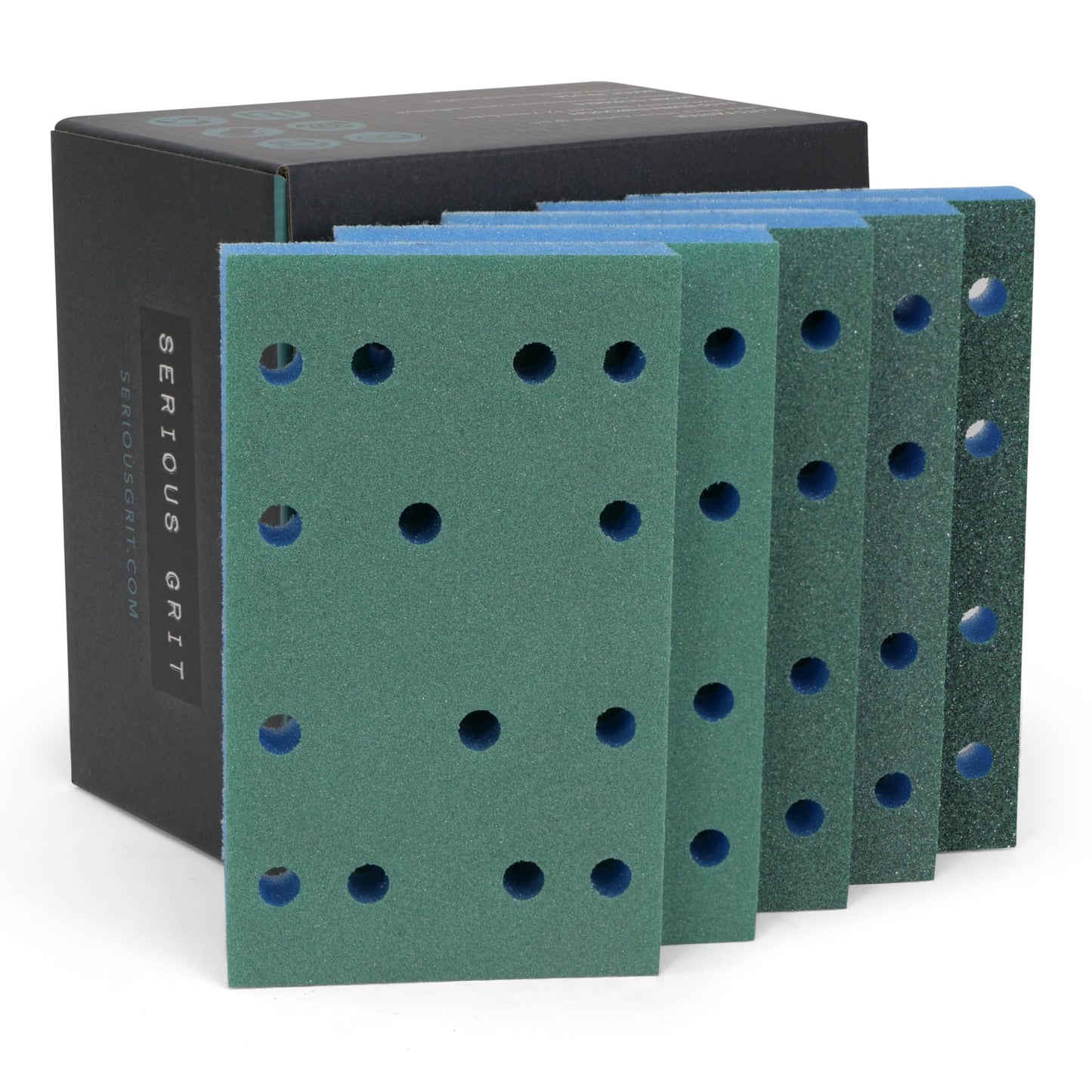 Serious Grit - 3" x 5" (80x133mm) Foam Sanding Pads - P120-600 Assorted Finish Grit - 1/2" Thick Low Density Foam - Hook & Loop - Fits Festool RTS 400 & Mirka DEOS 3x5 Sanders – Made in USA – 10 Pack