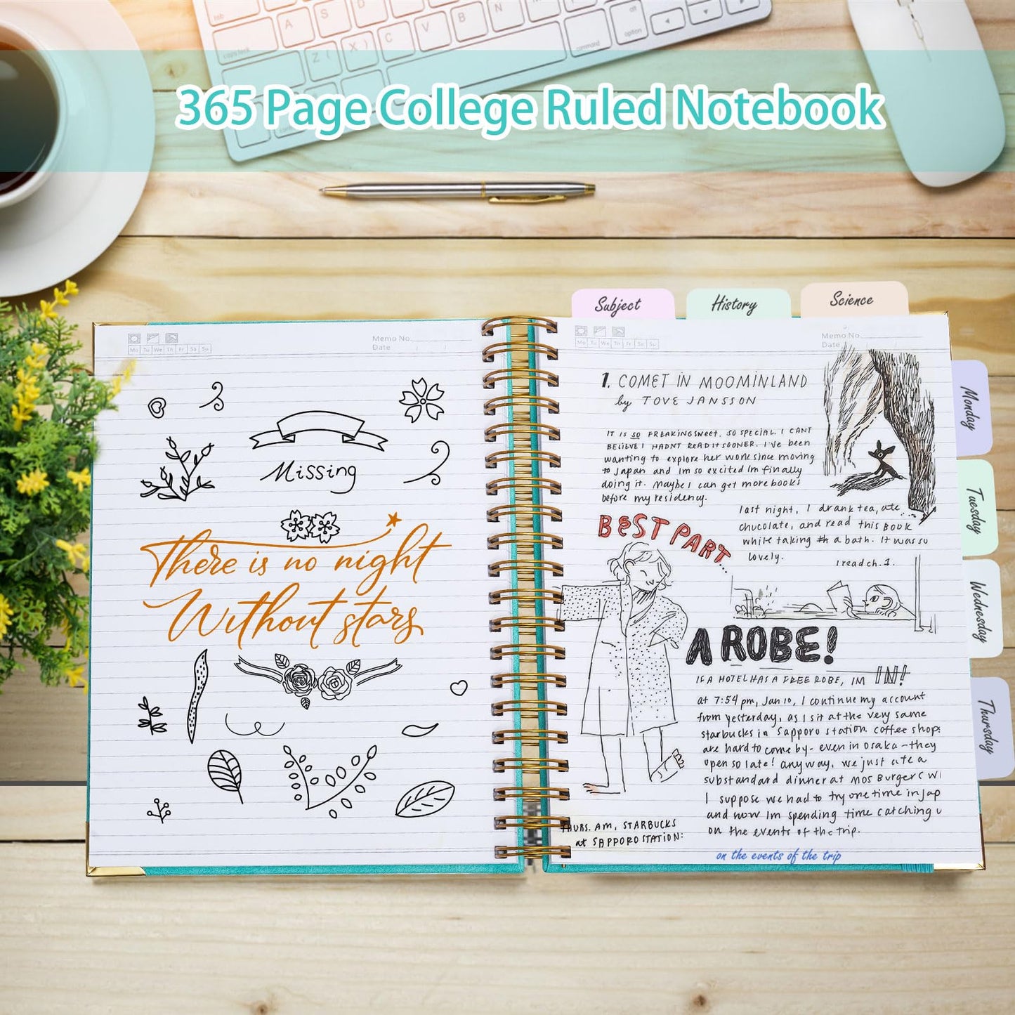Spiral Notebook, 365 Page Hardcover Leather Notebook Journal, Large A5 Lined Journal for Women Men, College Ruled Notebooks for Work School, Journals for Writing, 24pcs Index Tabs, 5.5" x 8.5", Black