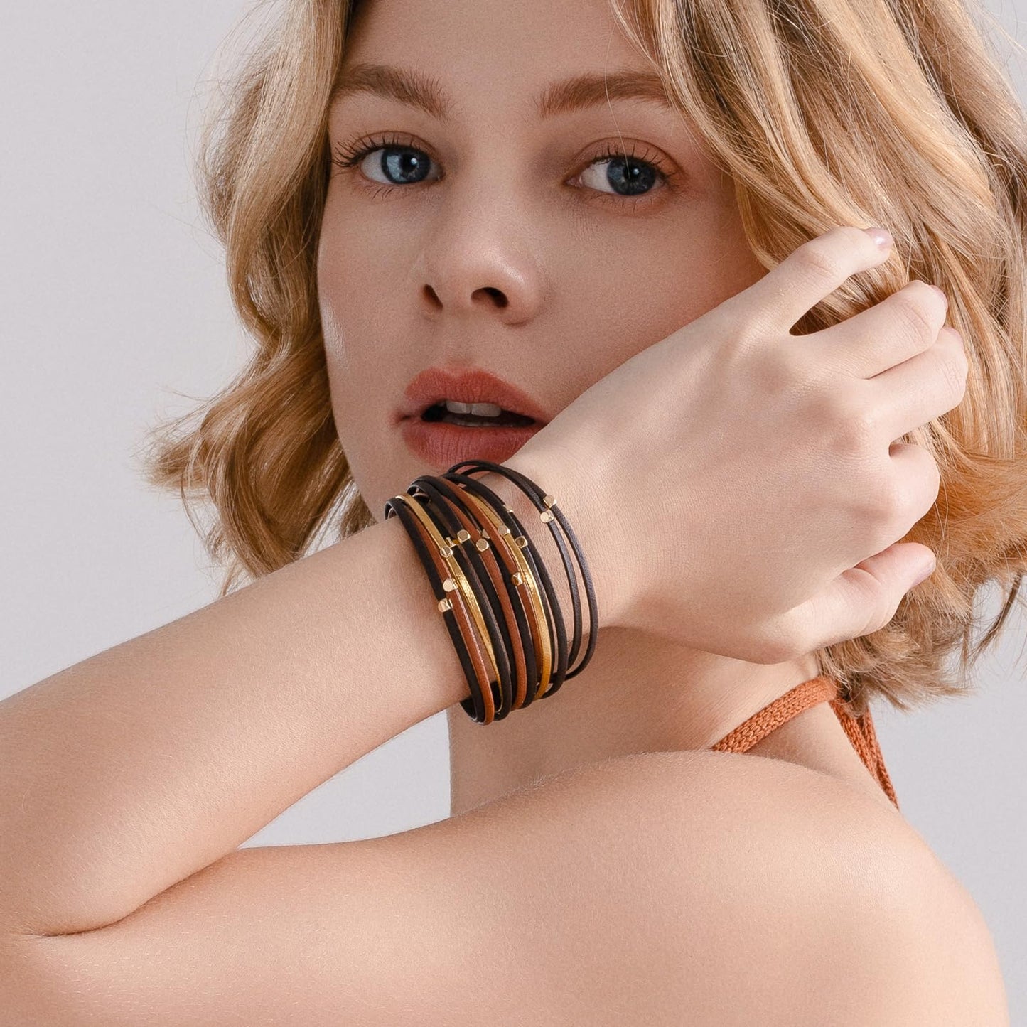 FANCY SHINY Beaded Leather Wrap Bracelets Cute Boho Stackable Bangle Cuff with Magnetic Clasp Layered Trendy Jewelry for Women(Brown)
