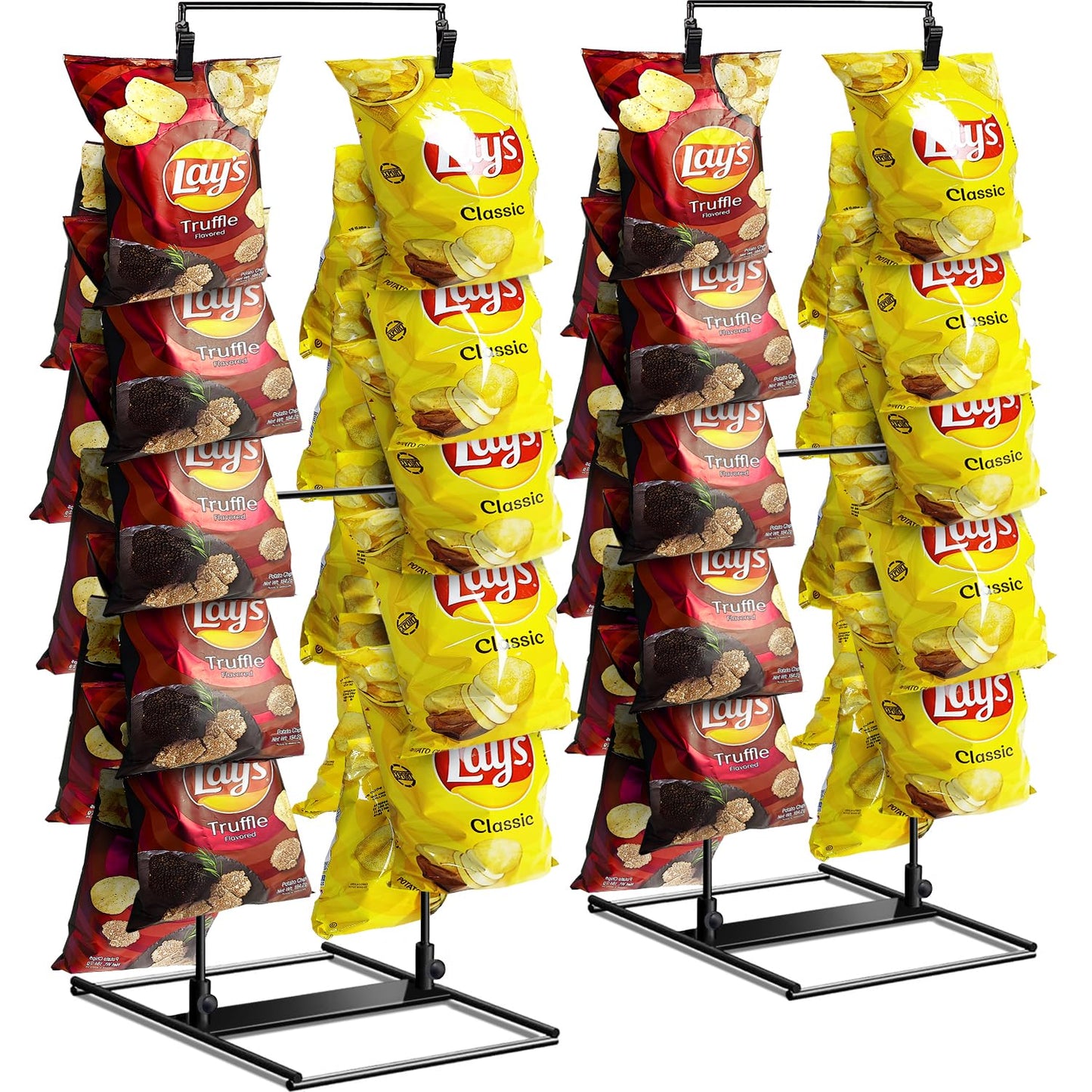 ROSROSE Chip Rack Display Stand 2 Pack, Potato Chip Display Rack with 24 Clips, 2 Row Chip Bag Holder for for Party Display, Snack Retail Display Rack Chip Stand Display for Countertop Store, Black