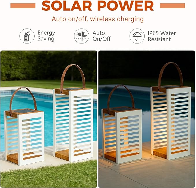 Solar Yard 2-Pack Outdoor Floor Lamp Solar Powered Light, Patio Waterproof Metal Solar Lantern with Handle, Plant Decor for Patio, Yard, Porch, Large+Small White