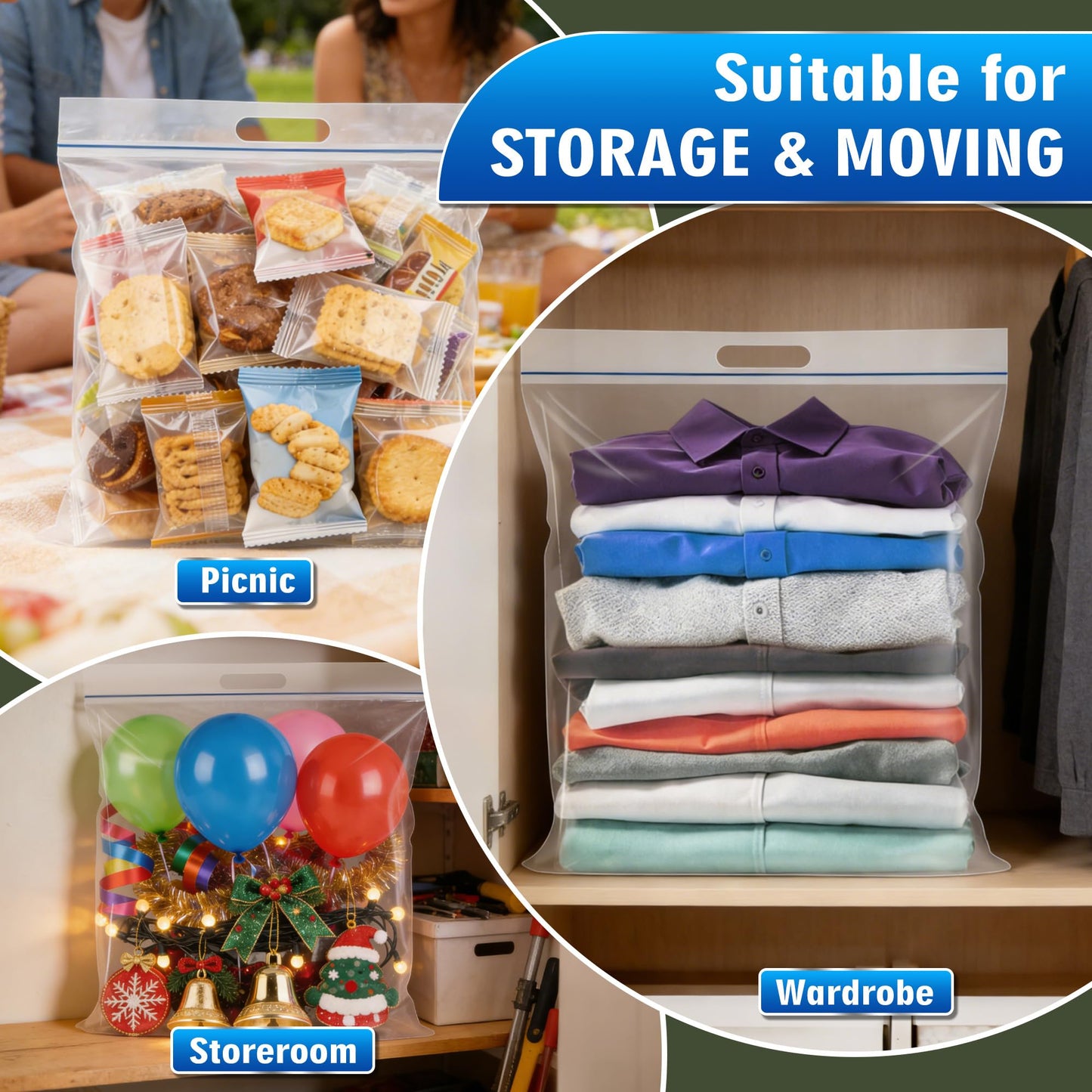 3 Gallon Extra Large Zipper Bag, 16” x 18” Clear Plastic Zip Bag with Handle for Storage, Moving Travel, 2mil Thick Resealable Lock, 60 pack