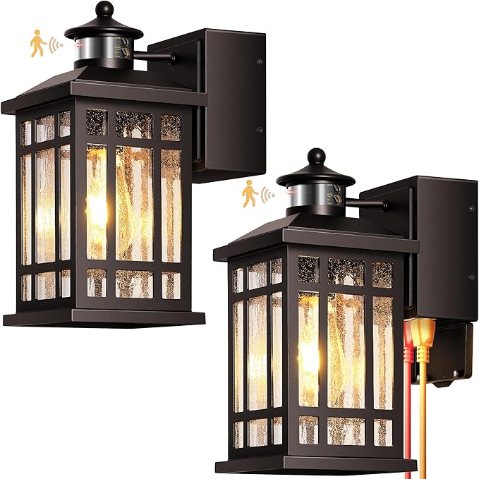 Motion Sensor Outdoor Lights with GFCI Outlet, 2-Pack ORB Dusk to Dawn Outdoor Lights, 5 Lighting Modes Exterior Light Fixture for House Front Door Patio Garage, Brightness Distance Adjustable