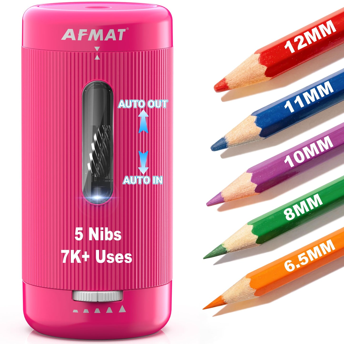 AFMAT Electric Pencil Sharpener, Auto in & Out, 5 Nibs, 7K+ Uses, Fully Automatic Classroom Pencil Sharpener, Rechargeable Hands-Free Sharpeners for Jumbo/Colored Pencils (φ6.5-12mm) PSC3(Rose Red)