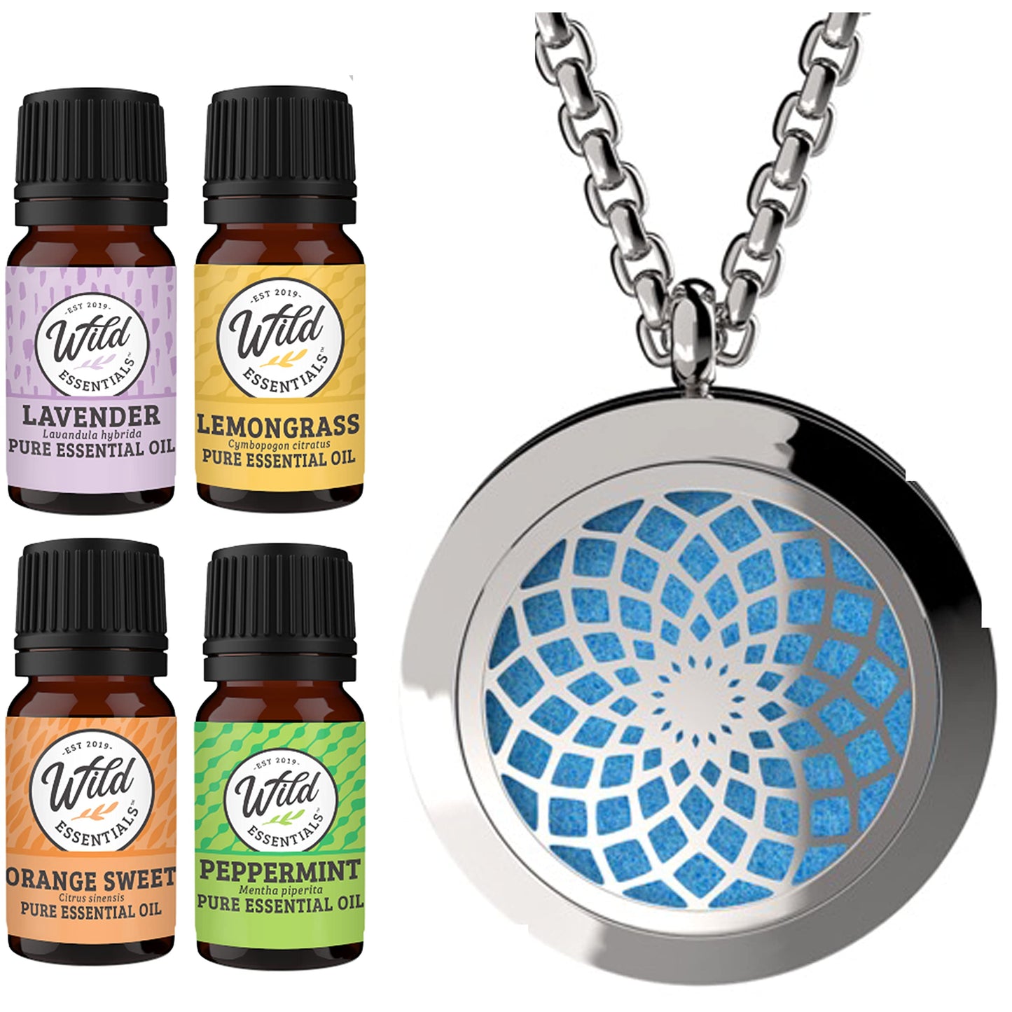 Wild Essentials Sun Mandala Necklace Essential Oil Diffuser Kit with Lavender, Lemongrass, Peppermint, Orange Oils, 12 Refill Pads, Calming Aromatherapy Gift Set, Customizable Color Changing, Perfume