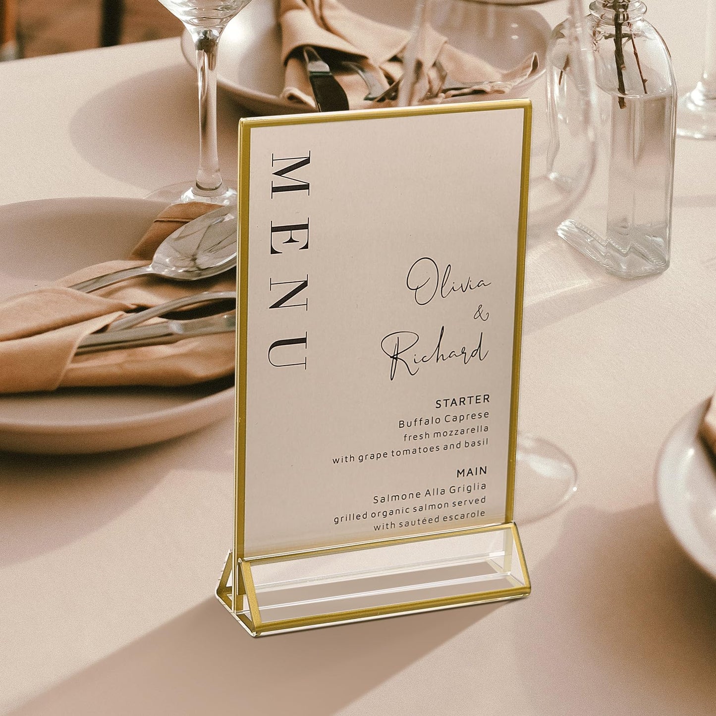 UNIQOOO Acrylic Sign Holders with Golden Border, Portrait View, Pack of 12 | 4x6 Inches Double Sided Clear Frame, Perfect for Wedding reception, Centerpiece, Decoration, Party,Anniversary, Event