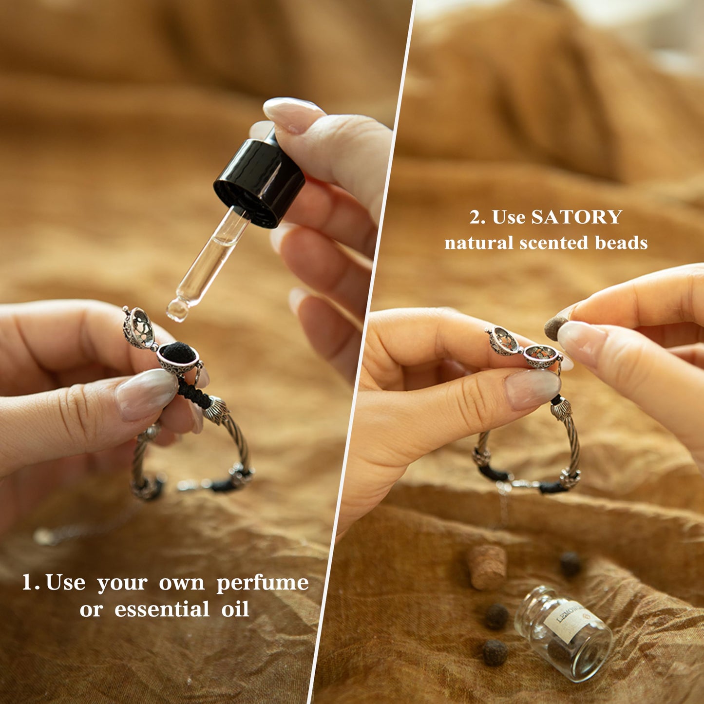 SATORY Scented Bracelet with Openable Locket, 14 Natural Scented Beads & 10 Refill Cotton Pods, Adjustable Silver Aromatherapy Jewelry (6.7-7.9 Inch), Unisex Gift for Lover, Friends