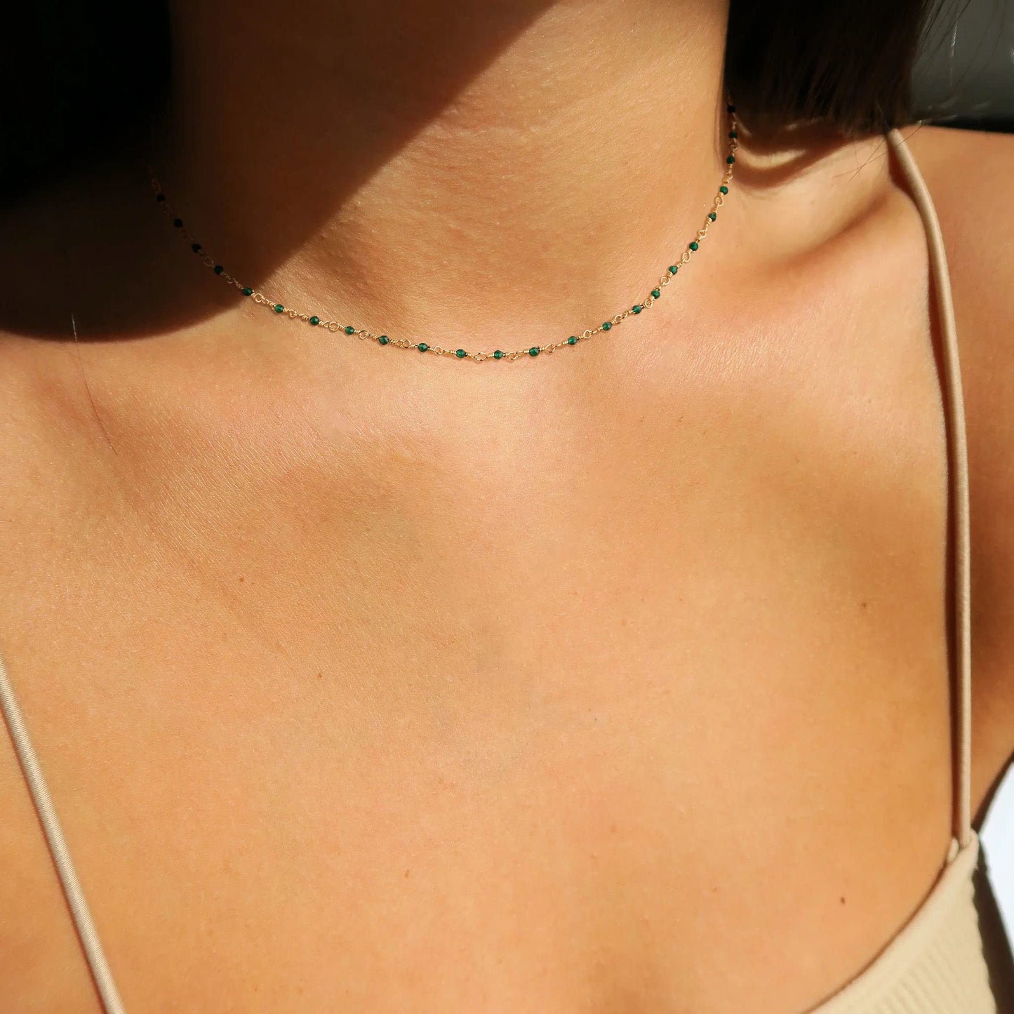 MTMY Beaded Necklace for Women 14K Gold Plated Dainty Colorful Beaded Pearl Choker Necklace Delicate Boho Choker Necklace Jewelry Gift (Crystal-green)