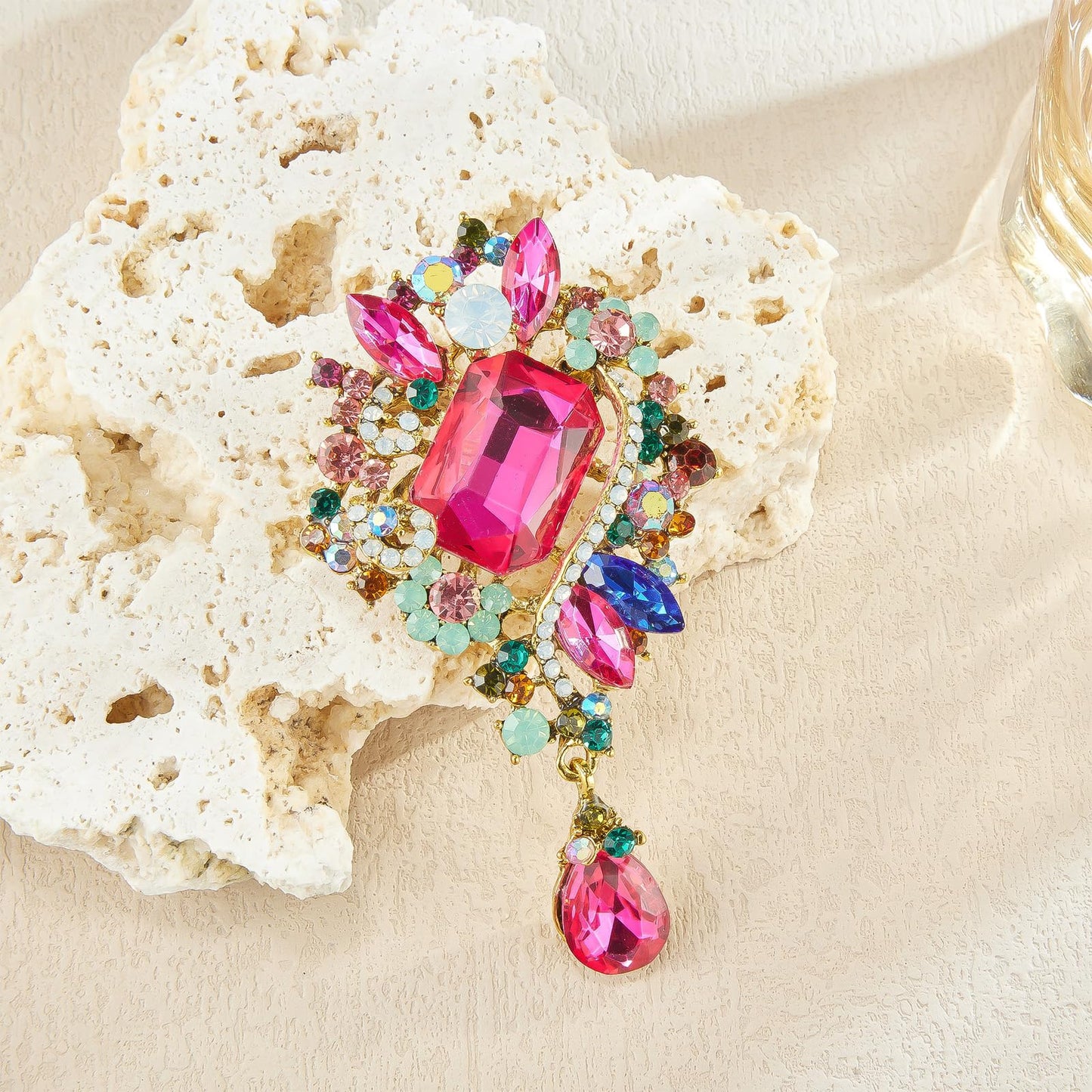 YOQUCOL Retro Rose Red Austrian Crystal Big Brooch Pin for Women Large Flower Water Drop Shape Brooches Lapel Pins for Sweater,Coat Dress Accessories -106