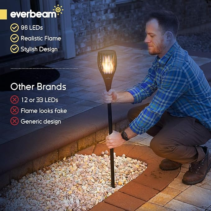Everbeam P1 Solar Torch Light with Flickering Flame - Our Waterproof Outdoor Solar Tiki Torches Come Equipped with 96 LED Bulbs That Create A Stunning Realistic Fire Effect - 4 Pack