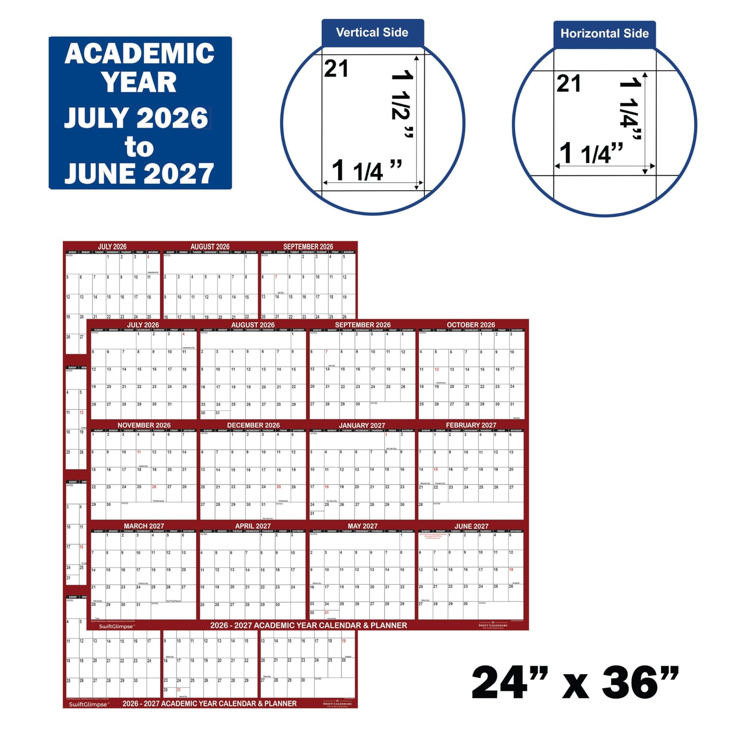 24" x 36" SwiftGlimpse 2026-2027 Academic Wall Calendar, Erasable, Large, Wet & Dry Erase Laminated, Reversible, Yearly Planner, JULY 2026 to JUNE 2027 ONLY, Maroon
