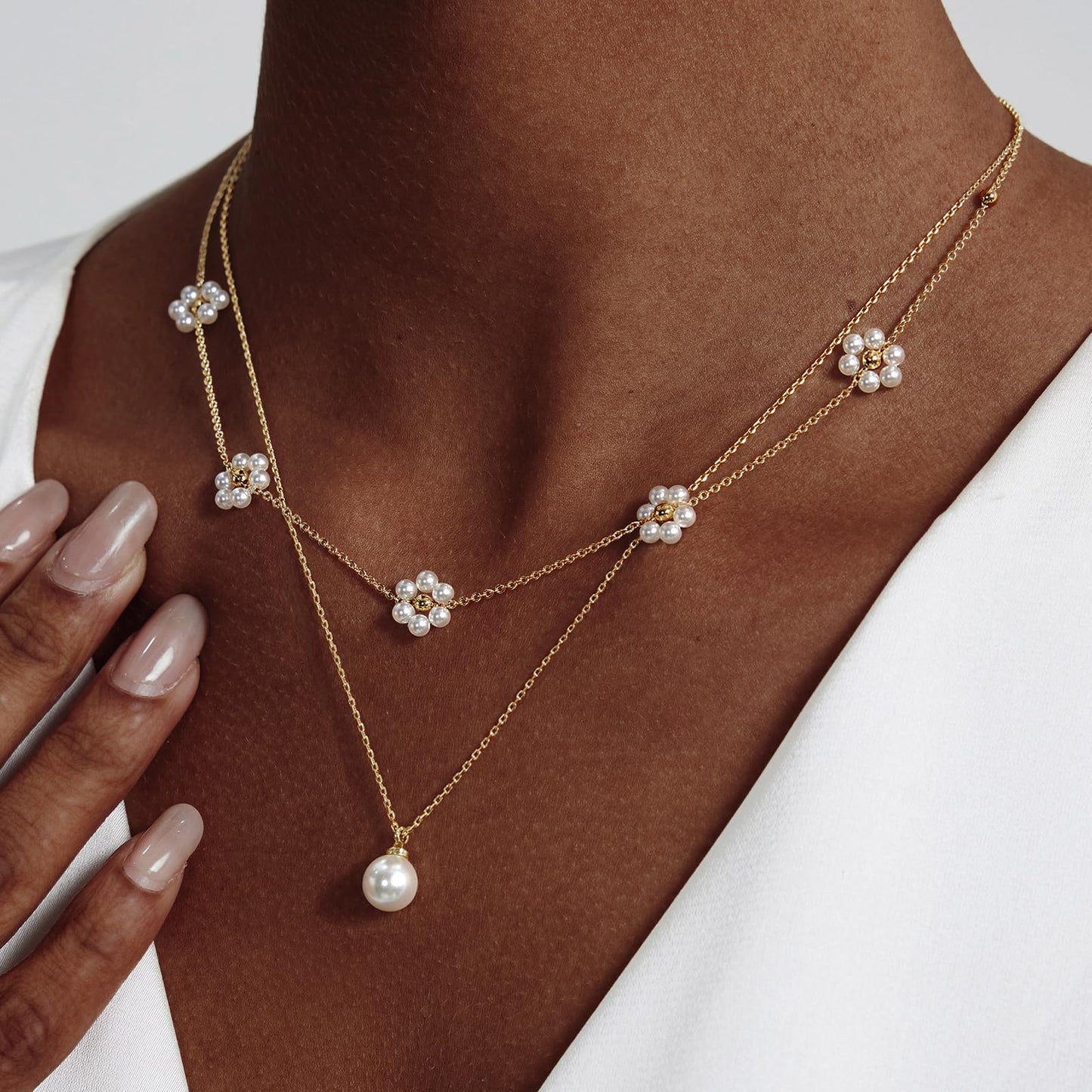 OGD Layered Gold Pearl Necklaces 14K Gold Plated Dainty Layered Single Simple Pearl Choker Chain Cute Daisy Pearls Choker Necklace Set Flower Necklaces for Women Trendy Jewelry Gifts