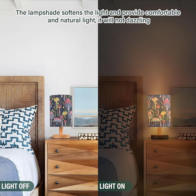Fustylead Boho Mushroom Navy Blue Table Lamp for Bedroom USB Port Lamps Small Accent Table Lamp Nightstand Lamp Sturdy Linen Shade Wooden Base Decorative Lamps for Bedside Reading|Kids|Dorm|Home