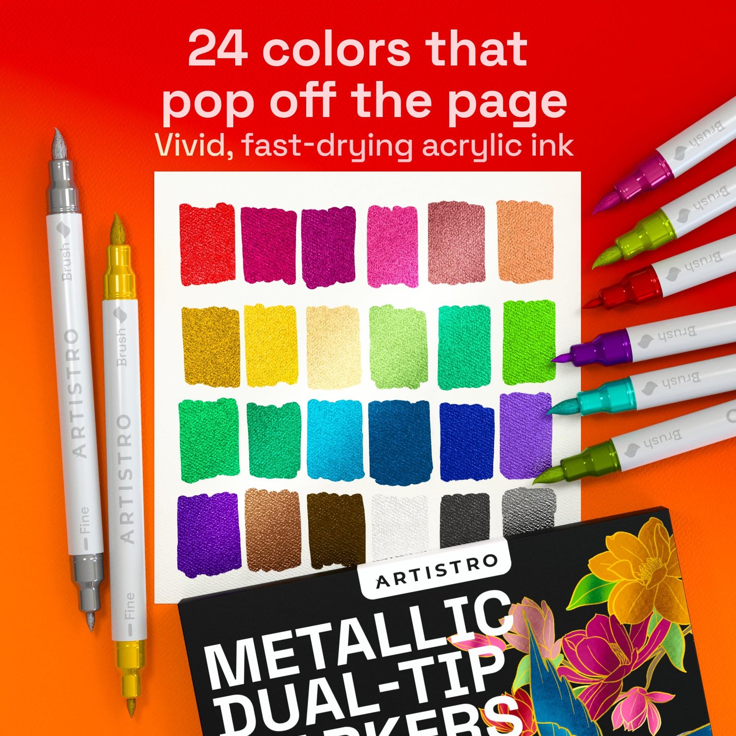 ARTISTRO 24 Metallic Acrylic Paint Markers - Paint Pens for Drawing, Brush + Fine Tips - For Fabric, Rock, Glass, Wood, DIY - Art & Craft Supplies for Adults, Teens, Kids - Teacher Appreciation Gift